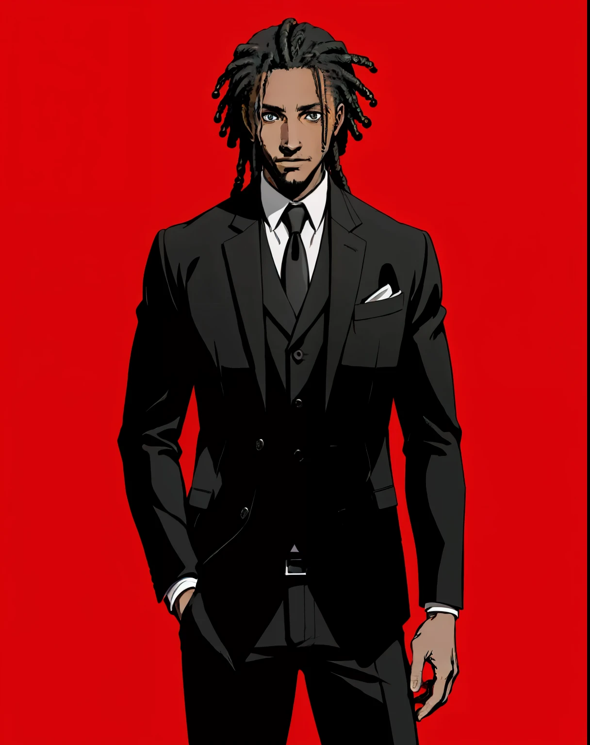 Monochromatic, one black guy, with dreads, wearing suits, simple red background