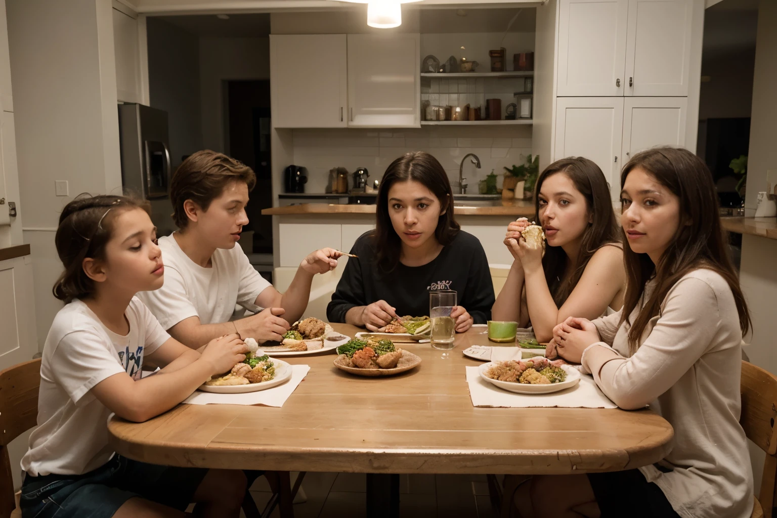 5 children sitting at a table having a meal; comendo pastel, espetinho de churrasco e bebendo suco e refrigerante. Image in horizontal view and Disney Pixar cartoon mode, com fundo branco