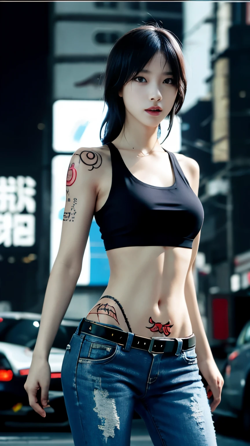 (highest quality)，masterpiece，Super detailed，8K, UHD，Beautiful woman，japanese woman，No expression，whole body，((tattoo))，slim，black slacks，white tank top，(female mafia)，gangster，(cyberpunk city)，night，cinematic lightening，underworld