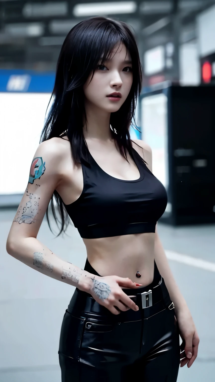 (highest quality)，masterpiece，Super detailed，8K, UHD，Beautiful woman，japanese woman，No expression，whole body，((tattoo))，slim，black slacks，white tank top，(female mafia)，gangster，(cyberpunk city)，night，cinematic lightening，underworld