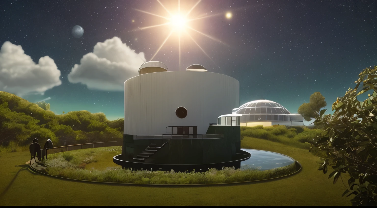 Certainly! Here's the updated prompt with the addition of a human figure, vegetation, and a telescope:
"Generate an image of an observatory located on top of a hill, surrounded by water. The observatory should have a glass dome at its top and lookout points around it to provide panoramic views. Ensure that the surrounding environment conveys a sense of serenity and tranquility, with a clear sky and some scattered clouds. Sunlight should gently illuminate the landscape, highlighting the details of the observatory and creating soft reflections in the surrounding water. Additionally, include a human figure near the observatory, some vegetation such as trees or bushes, and a telescope positioned within or near the observatory."
