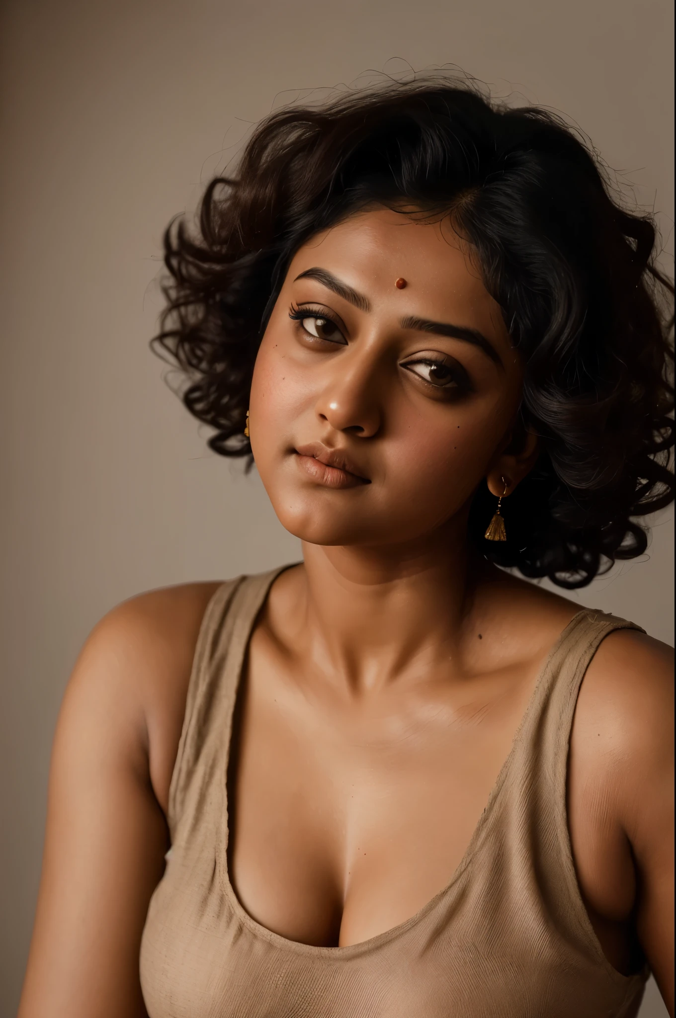 Looks like Anushka Shetty, a photo portrait of a beautiful girl with curls, styled black hair, (face portrait:1.5), dramatic light, Rembrandt lighting scheme, bust shot, linen tank top , top quality editorial photograph, skin texture, skin pores, chocolate skin, high quality skin, 