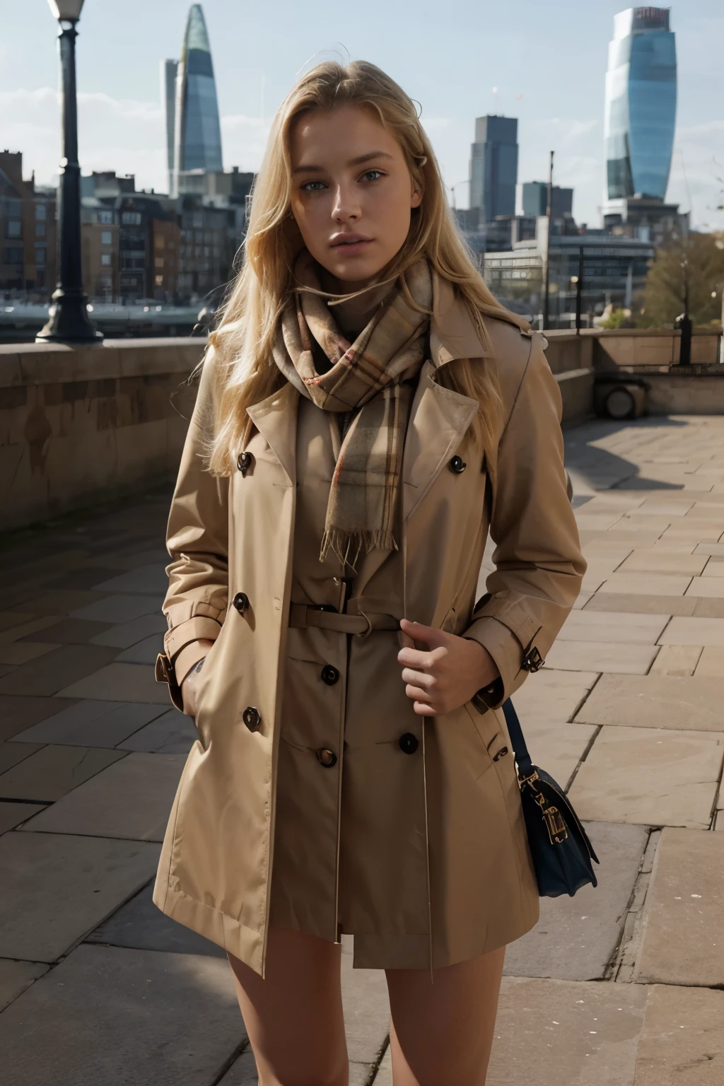 Blonde, Golden Locks hair, detailed freckles, blue eyes, very slim, very short, posing in London, with canary wharf in background, modeling, burberry corporate shirt, burberry trench coat, burberry scarf, burberry backpack, full body, The image, realistic hyper-detailed photo captured in stunning Ultra HD, 8k resolution, Nikon D850, — style raw — c 10 — ar 85:123 — s 250V