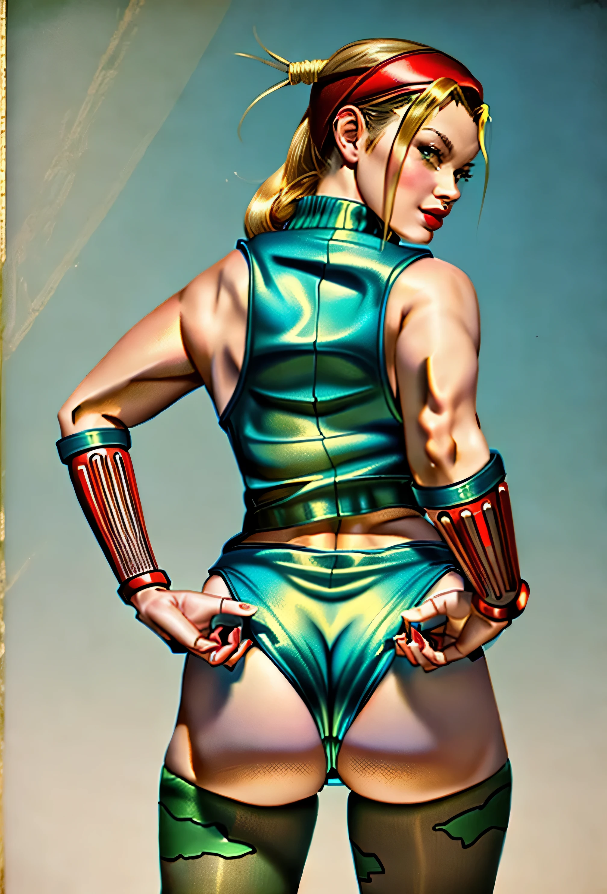 ((((masterpiece, best quality)))), ((34 year old)), (((Curvy))), ((Cammy from Street Fighter)), pulling out ((green high cut leotard)), (((Wedgie))), (red combat bracers), green camo leg-paint, (((Big butt))), (standing in a hangar), ((((realistic art style, 50's pinup art))))