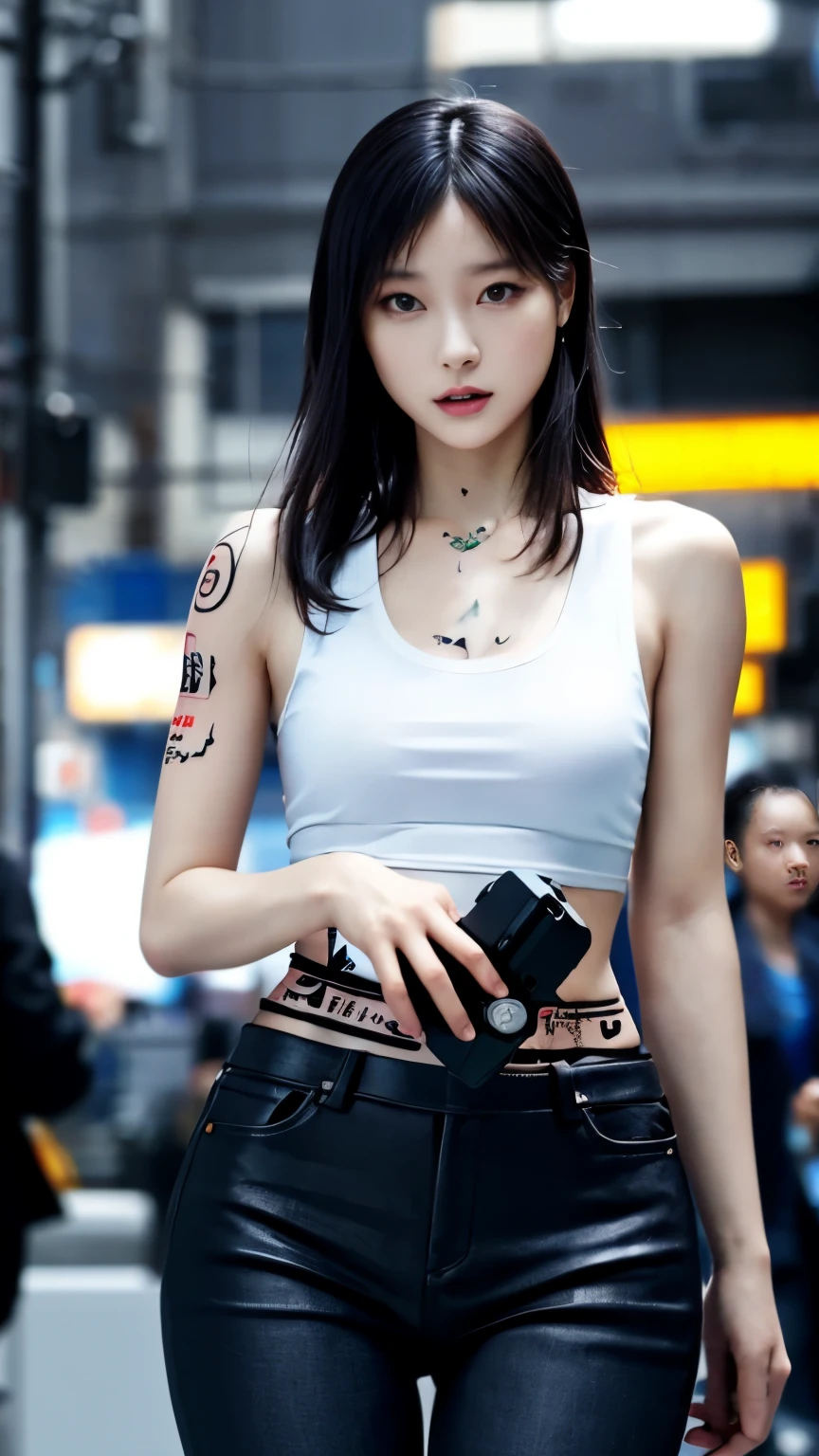 (highest quality)，masterpiece，Super detailed，8K, UHD，Beautiful woman，japanese woman，No expression，whole body，((tattoo))，slim，black slacks，white tank top，(female mafia)，gangster，(cyberpunk city)，night，cinematic lightening，underworld