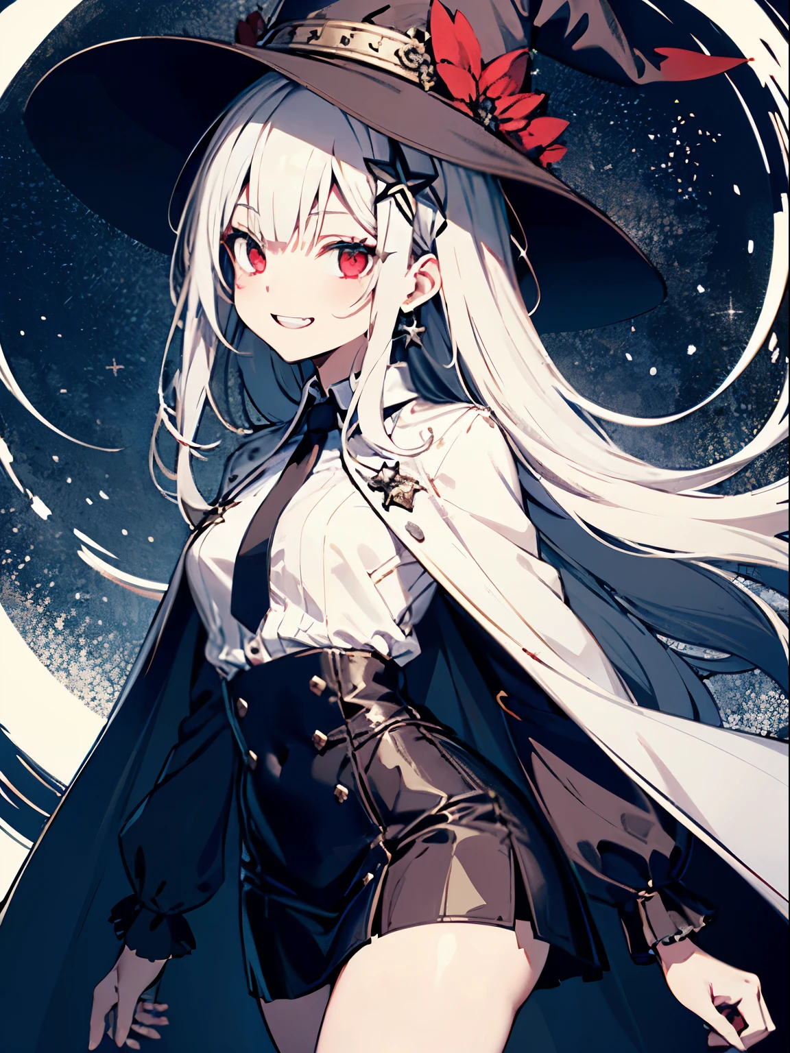 teenage girl、human、A magician who always smiles、large witch hat 、cute、long white hair、Red eyes and glazed eyes、Bangs are heavy、Thin eyebrows、lowered eyebrows、fantasy、intake、double teeth、star motif、Seiza motif、monochrome clotheetal look decoration、cape、A little dark atmosphere、a little crazy smile、Outside at night when the moon shines、blood return、black star hair ornament、short tie、No nails、high waist skirt、The sleeves are wide at the hem、long sleeve shirt、black tie
