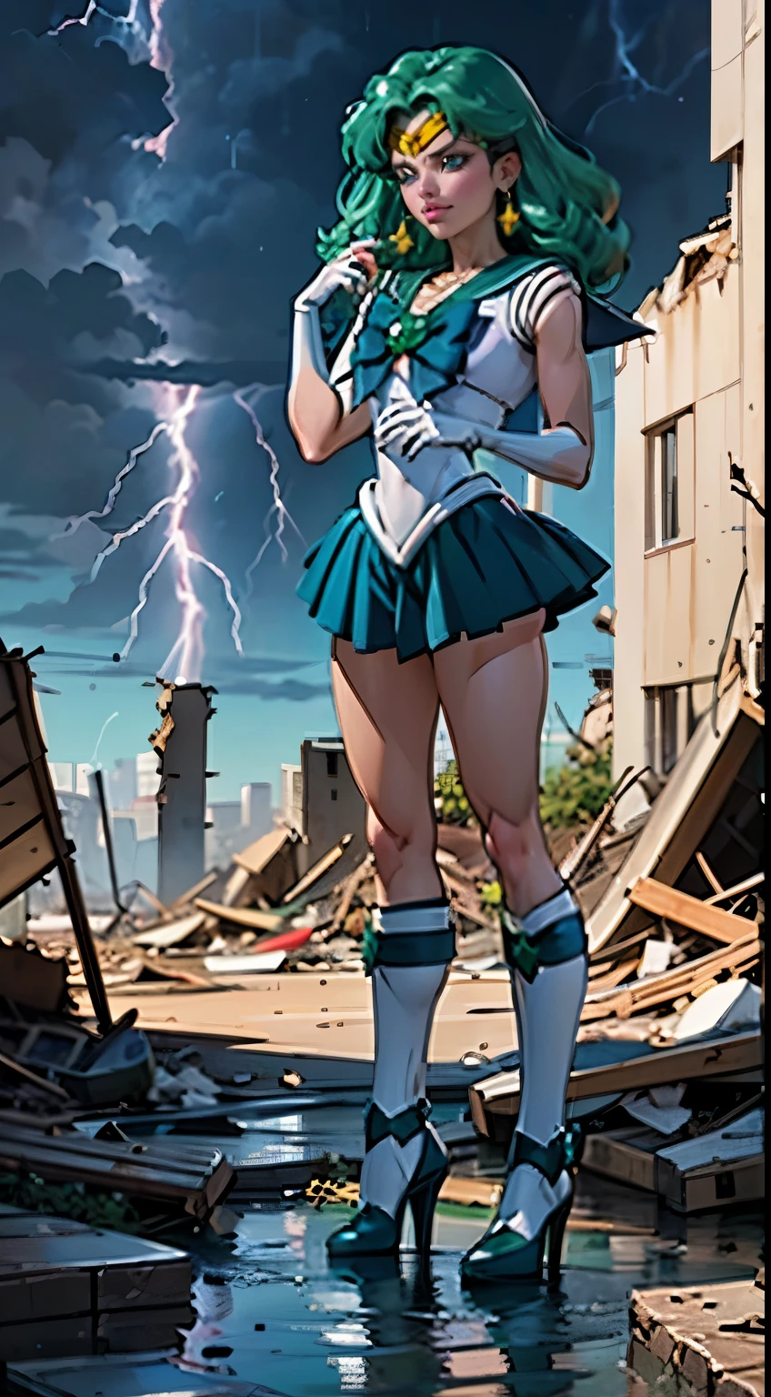 Ultraphotomicrography,1girl, marinero Neptuno, (Uniforme Sailor Senshi:1.4), cabello verde oscuro, cabello mediano, Falda suplicante, La mejor calidad, Pendientes, Obra maestra, High resolution, Detalles intrincados, (( realista )), photographic, (Guantes blancos de codo:1.1), jewely, pecho mediano, cuerpo completo, dynamic background, Dynamic posture, tacones altos,,More detailed 8K.motor irreal:1.4,UHD,La mejor calidad:1.4, fotorrealista:1.4, textura de la piel:1.4, obra maestra:1.8,obra-prima, mejor calidad,objeto Objeto], (detailed face features:1.3),(manos Detallado),(Apocalyptic destroyed city:1.7),(white Botas por encima de la rodilla: 1.4), gargantilla, (Guante Blanco:1.4), gargantilla verde, Arboledas de codos, jewely, pendientes, falda verde, only one, cuerpo completosbian, pelos verdes,(fondo atardecer:1.4),(Sailor neptune:1.4),(medio cuerpo:1.4),4 k detail fantasy,(Realista, Fotorrealismo, Realista: 1.37),(manos detailed),(blue background water thunder lightning rain water drops falling:1.4)