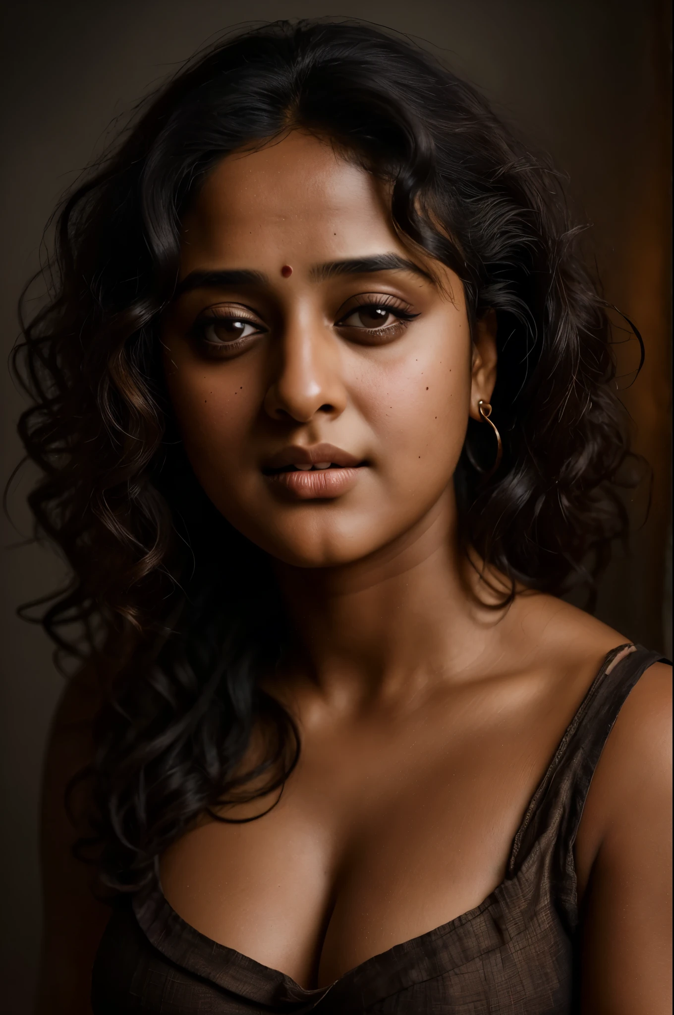 Looks like Anushka Shetty, a photo portrait of a beautiful girl with curls, styled black hair, (face portrait:1.5), dramatic light, Rembrandt lighting scheme, bust shot, linen tank top , top quality editorial photograph, skin texture, skin pores, chocolate skin, high quality skin, top quality photography, professional photography, professional retouching, insane detailing, warm moody tones,