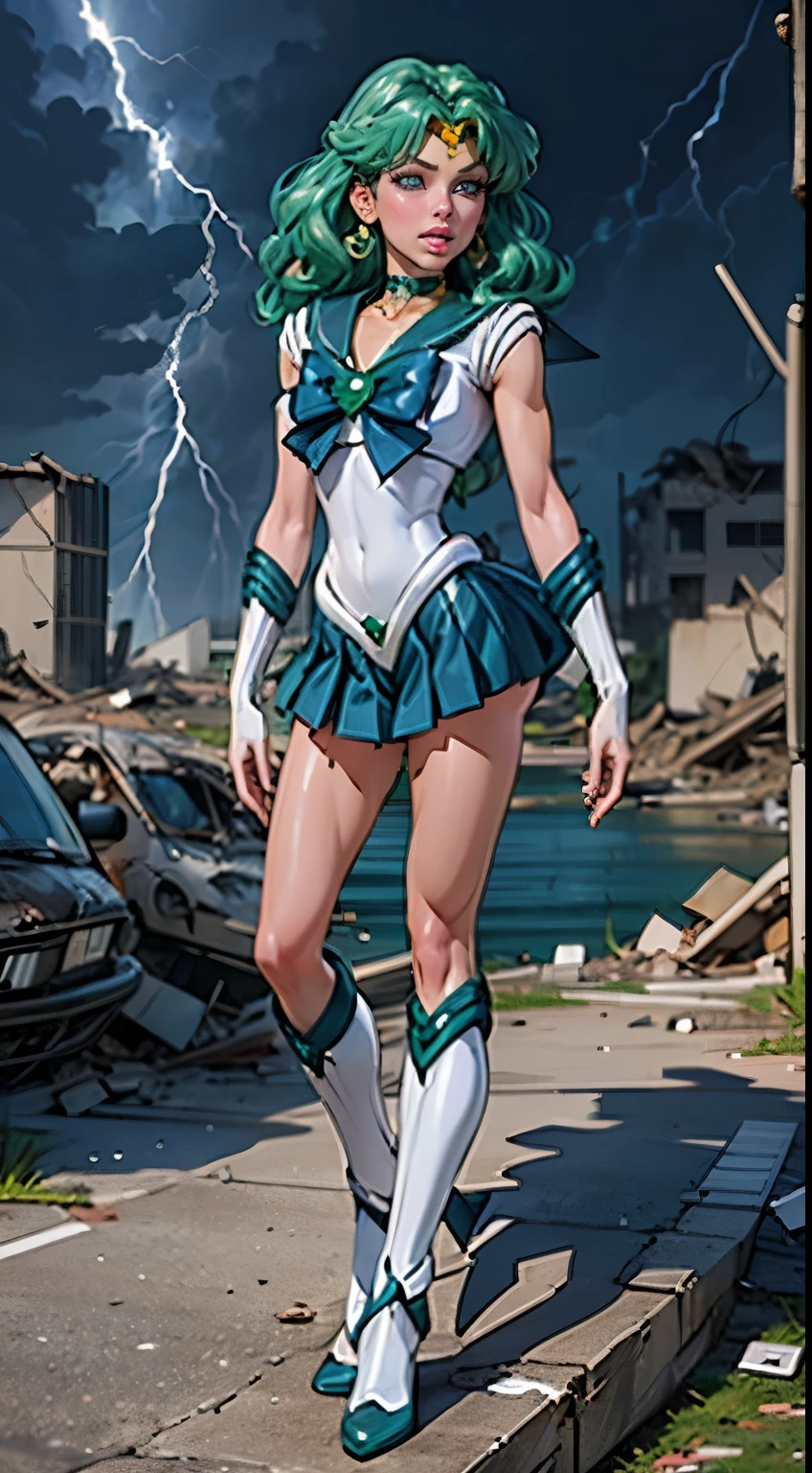 ((cinematic lighting)), (detailed skin), ((paintstrokes)),1girl, marinero Neptuno, (Uniforme Sailor Senshi:1.4), cabello verde oscuro, cabello mediano, Falda suplicante, La mejor calidad, Pendientes, Obra maestra, High resolution, Detalles intrincados, (( realista )), photographic, (Guantes blancos de codo:1.1), jewely, pecho mediano, cuerpo completo, dynamic background, Dynamic posture, tacones altos,,More detailed 8K.motor irreal:1.4,UHD,La mejor calidad:1.4, fotorrealista:1.4, textura de la piel:1.4, obra maestra:1.8,obra-prima, mejor calidad,objeto Objeto], (detailed face features:1.3),(manos Detallado),(Apocalyptic destroyed city:1.7),(white Botas por encima de la rodilla: 1.4), gargantilla, (Guante Blanco:1.4), gargantilla verde, Arboledas de codos, jewely, pendientes, falda verde, only one, cuerpo completosbian, pelos verdes,(fondo atardecer:1.4),(Sailor neptune:1.4),(medio cuerpo:1.4),4 k detail fantasy,(Realista, Fotorrealismo, Realista: 1.37),(manos detailed),(blue background water thunder lightning rain water drops falling:1.4)