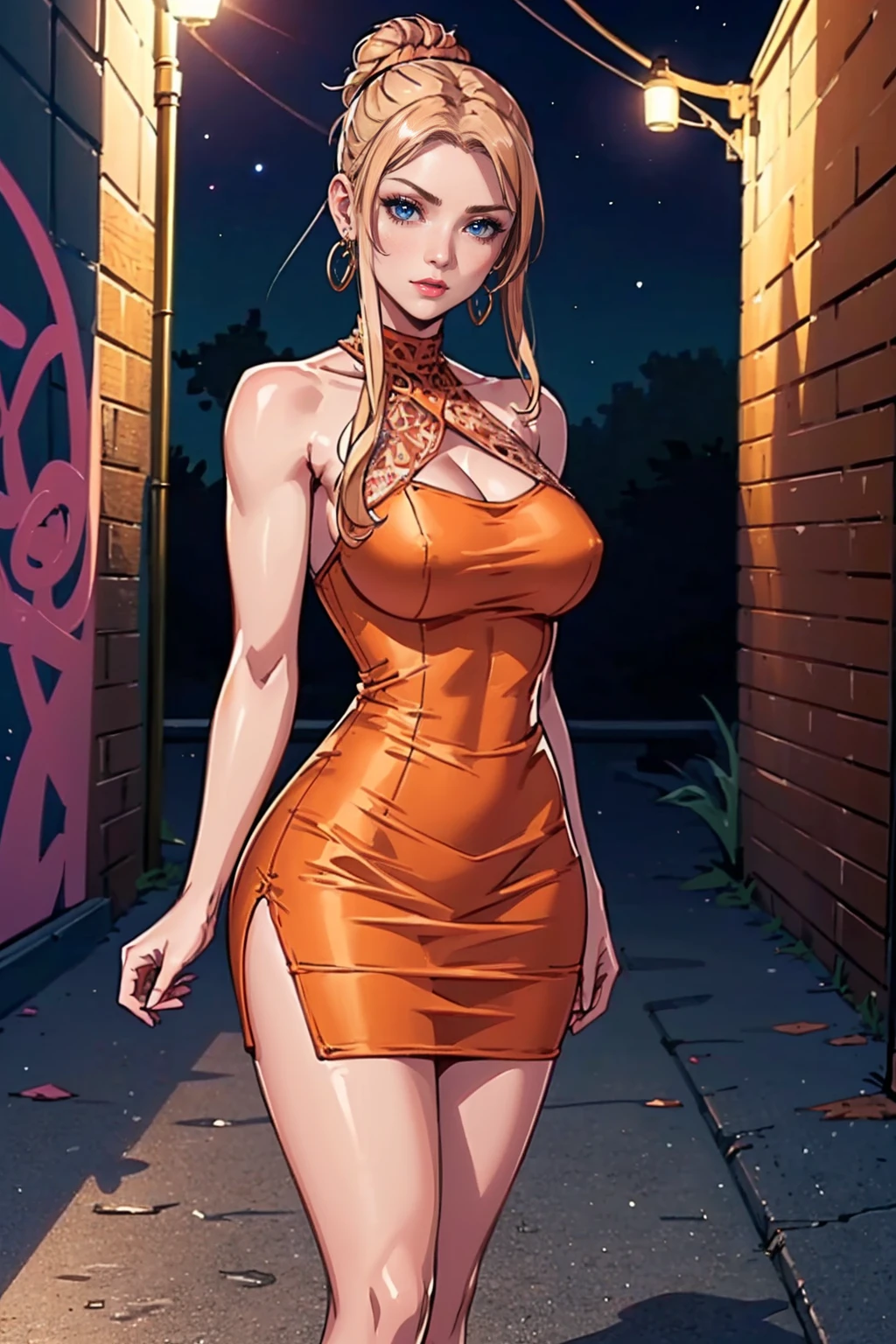 ((medium breasts, pink lipstick, Extremely detailed, ambient soft lighting, 4k, perfect eyes, a perfect face, perfect lighting, a 1girl)), austere, ((high hell, stiletto high heels, (orange dress, crochet bodycon dress, sleeveless, halter, single front), bodycon dress)), night sky, clouds, (graffiti alley, graffiti walls, in an alley, night, moonlight, starry night), (((austere, ((masterpiece, cowboy shot, dark fantasy, intricate, highly detailed, 1girl)))), (1girl, solo, Reina Morimoto, morimoto_reina, (blue eyes, hair bun, high bun of hair), lipstick, gold earrings, muscular, fitness)), sensual pose, Beautiful, back