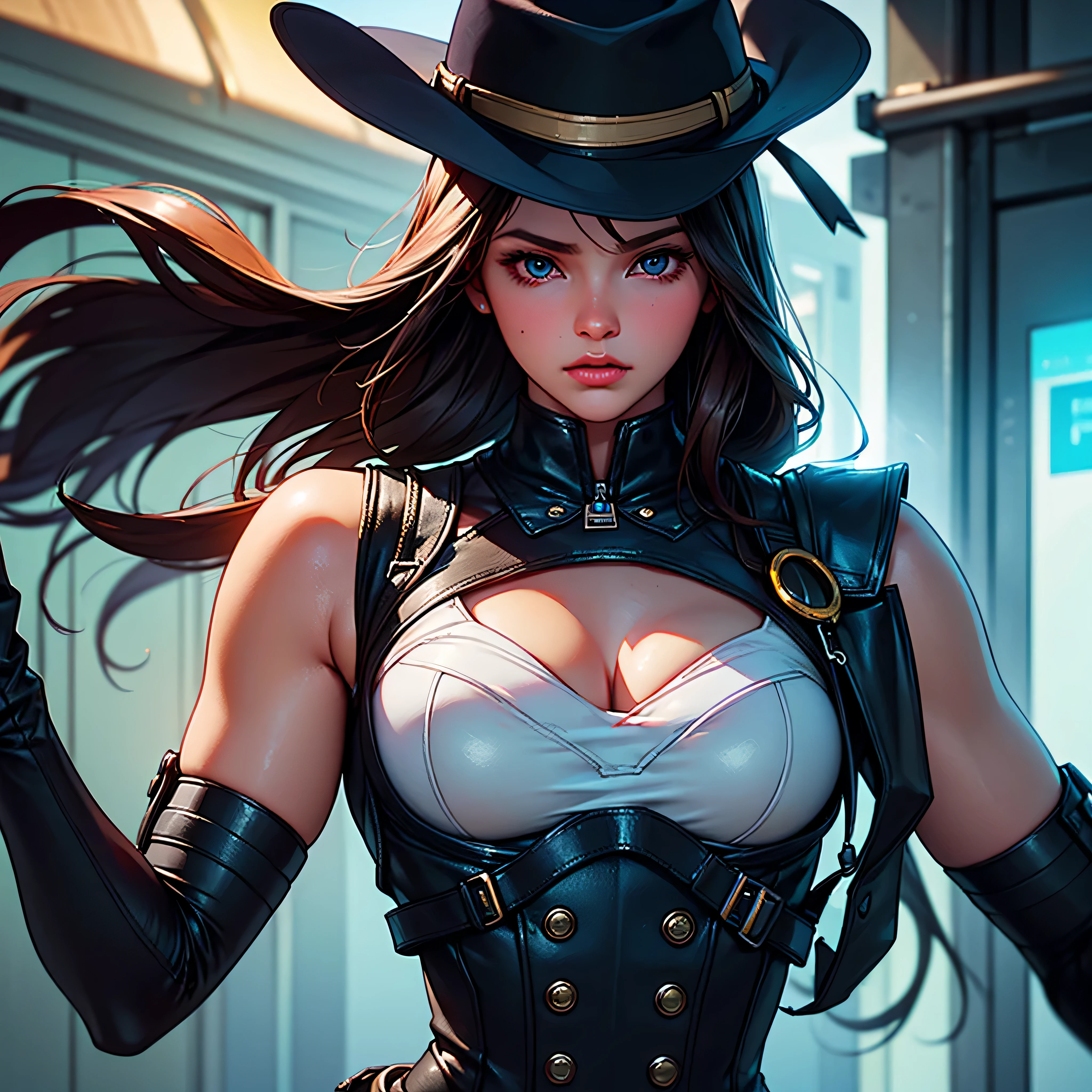 Sexy Cosmic Horror witch, sexy suit and tie, cleavage, midriff, smiling, friendly expression, dynamic pose, bright lighting, warm colors, photorealistic, (best quality,4k,8k,highres,masterpiece:1.2),ultra-detailed,(realistic,photorealistic,photo-realistic:1.37)