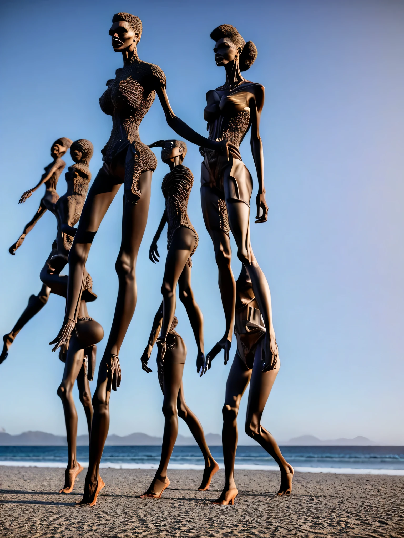 ultra-real hyper-insane stunning ultra-surreal family fashion design, pieces of cubist flesh walking at the beach and emerging from within them more extra arms, legs and bodies, bizarre and old random money glued to them, walking in the resort, dark sunny background at the pacific surreal beach, super detailed, ultra-realistic, studio quality, 48k/HD, contrast, hyper-realistic shadows, octane rendering, sharpen detail