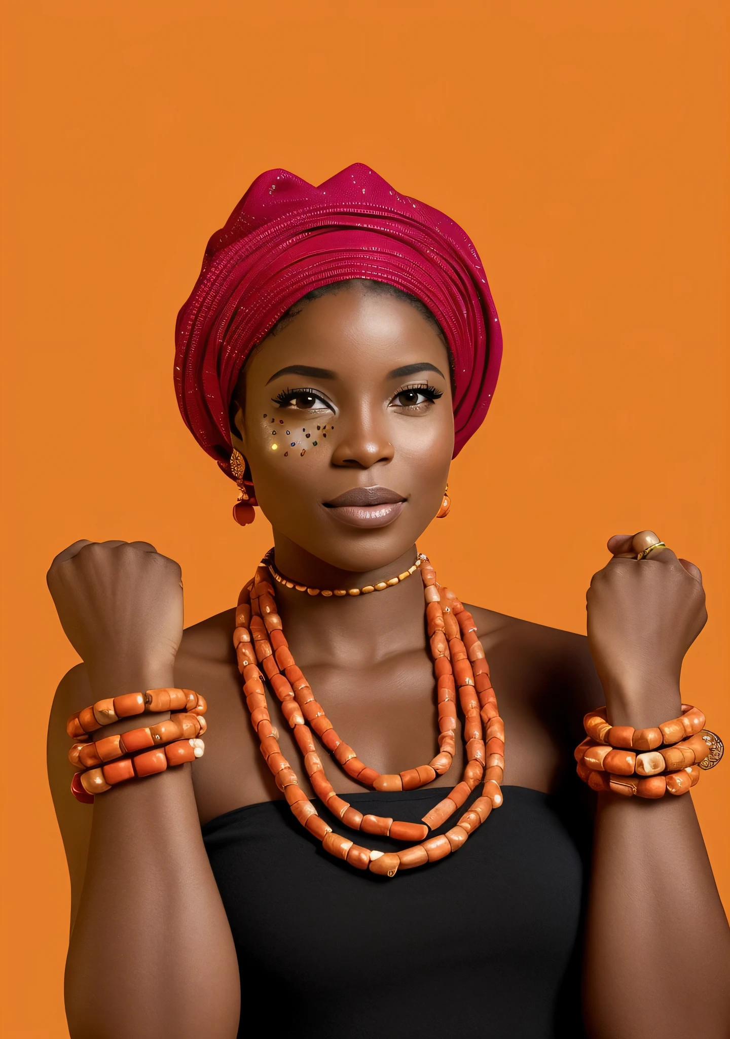 There is a woman with a red scarf on her head and orange bracelets.., Intrincadas joyas africanas, mujer africana, reina africana, photo of a hand jewelry model, por Chinwe Chukwuogo-Roy, inspirado en Chinwe Chukwuogo-Roy, Designed by Nadine Ijewere, belleza tradicional, princesa africana, por Juan O'Gorman, Maria Borges