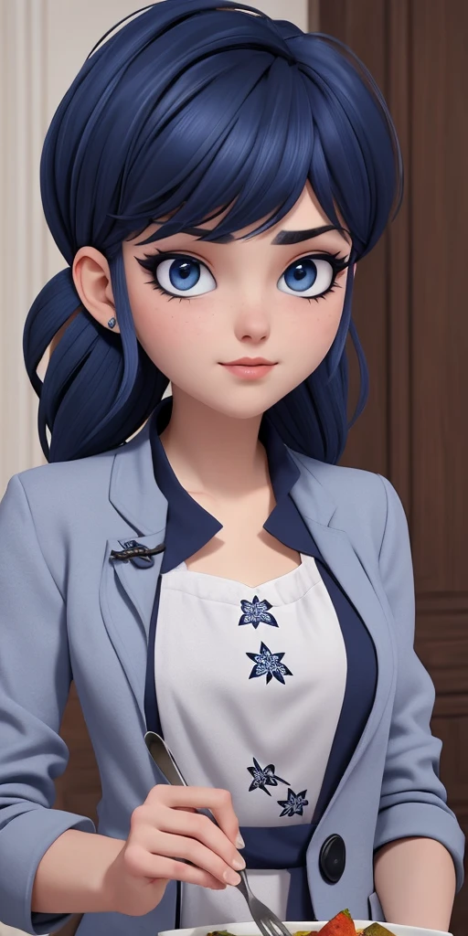 ((chef-d&#39;artwork: 1.4, best quality)) Dark blue, cheveux choux, yeux bleus, light makeup with winged eyeliner, expression neutre, chemise blanche à motif floral, Blazer gris, vue de poitrine