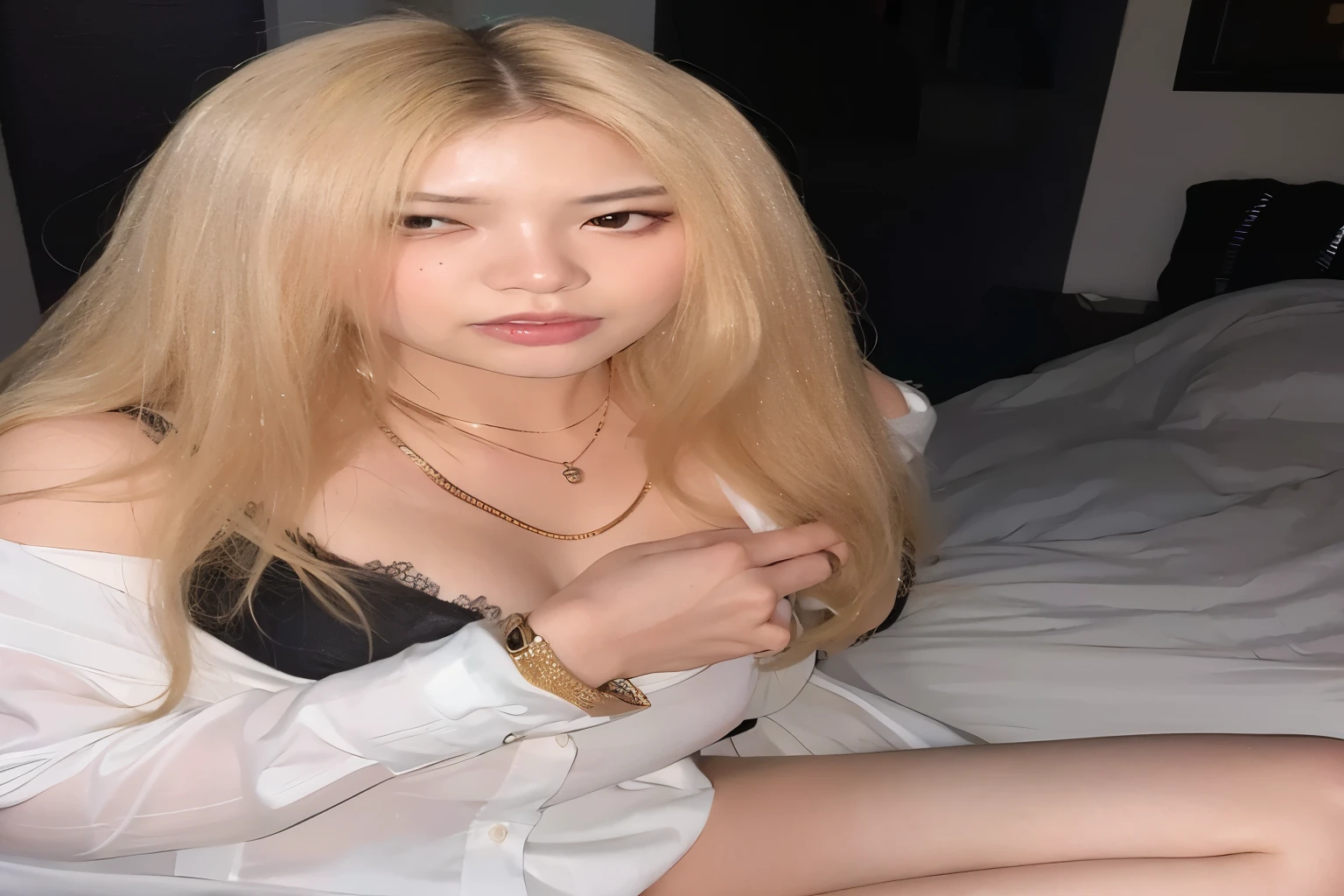 mulher loira com camisa branca e saia preta, sentada em uma cama,  coreana, beautiful south mulher coreana, mulher coreana, 18 anos de idade, 22 anos de idade, 21 anos de idade, ela tem cerca de 2 0 anos, ela tem cerca de 20 anos, gorgeous young mulher coreana, com longos cabelos loiros, 1 6 anos,  Asian