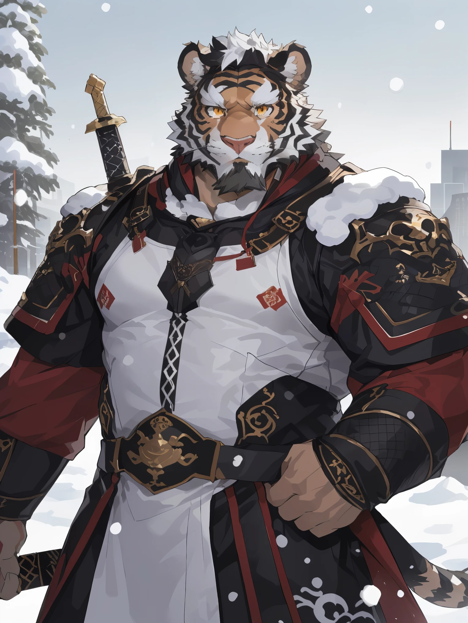 (white skintiger),(黑白阴阳general古代战袍),(Holding a long sword),Powerful posture,Standing calmly,(The background is a city covered with ice and snow:1.2),(abdominal muscles),heroic posture飒爽,完美的masterpiece,Various facial details,distance perspective,specific description,masterpiece,cg,(golden eyes),Black and white pattern,crimson tail,general,heroic posture,tiger,Black and white fur,Concrete facial details,Half body,(黑白阴阳general战履),(Chang Ling),((middle aged)),(face focus),(16k),HD,black and white belly,temple,beard,(Face lines),Different pupils,(Black and white yin and yang ancient war robe),(black and white hair),(Strong),(muscle),(high resolution:1.3),(Standing in front of the city covered with ice and snow),(Close up),(Detailed face:1.5),Perfect details,(Half body),(Detailed depiction of the face:1.5),(Zoom in on face:1.5),(白色Face lines:1.2),(黑色beard:1.3),(white face;1.6),white body,(white skin，black strips:1.3),(White cheeks:1.3)