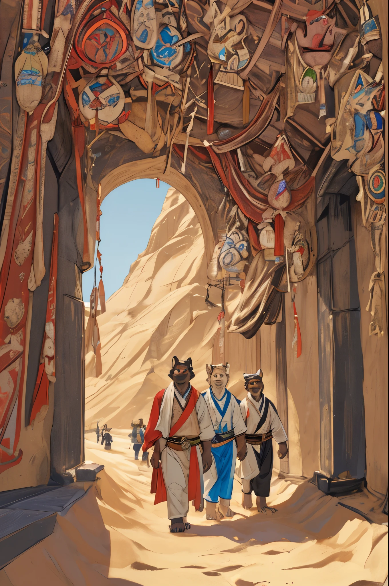 top quality, best quality, High-quality illustrations, masterpiece, super high resolution, detailed background, detailed background, desert, sand dunes, pyramid, Traditional costumes, group shot:0.2, 6+boys, 6+girls, Happy, joyful, absurdres(highly detailed beautiful face and eyes)perfect anatomy(kemono, furry anthro)selfie:0.1,