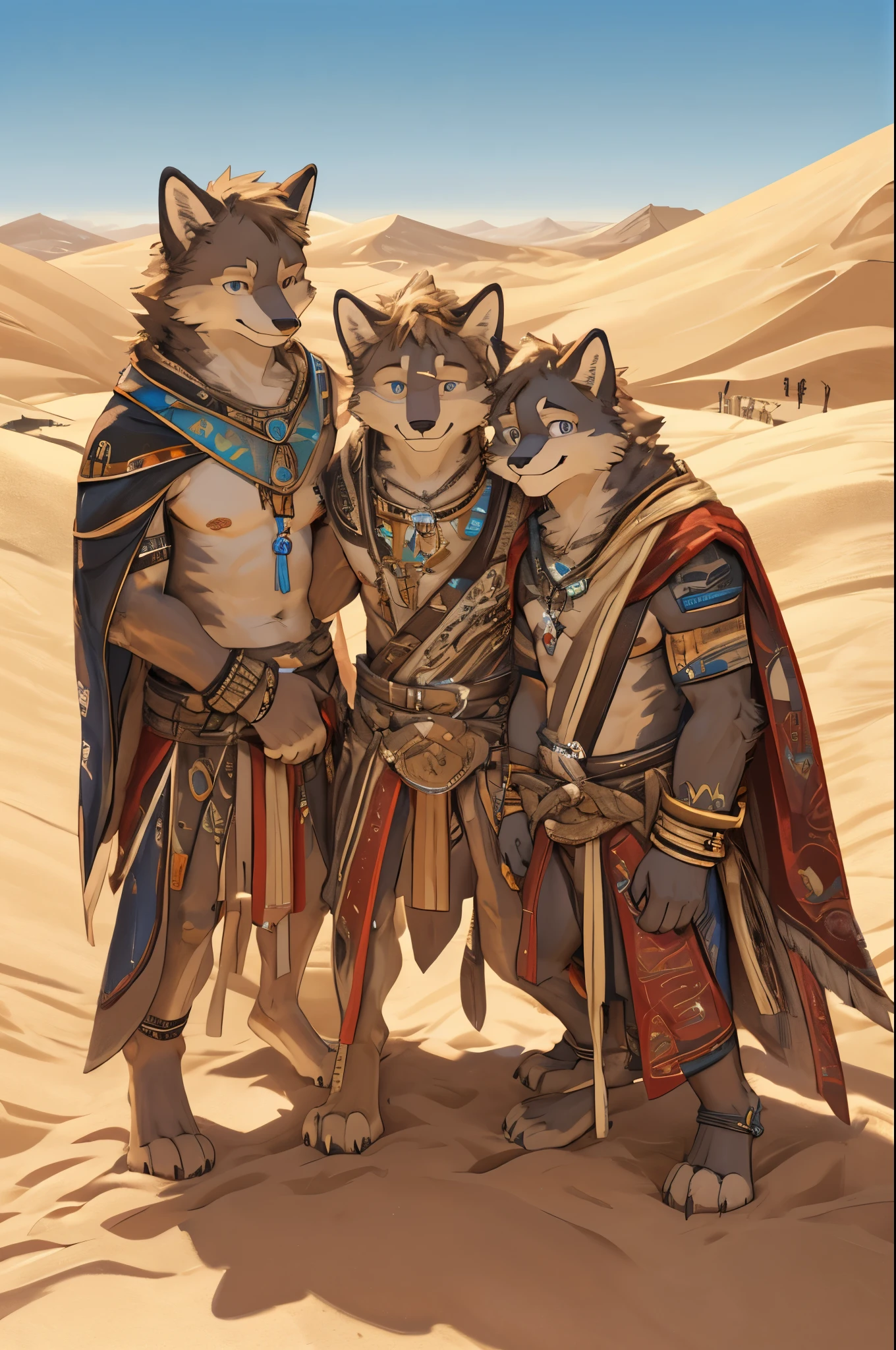 top quality, best quality, High-quality illustrations, masterpiece, super high resolution, detailed background, detailed background, desert, sand dunes, pyramid, Traditional costumes, group shot:0.2, 6+boys, 6+girls, Happy, joyful, absurdres(highly detailed beautiful face and eyes)perfect anatomy(kemono, furry anthro)selfie:0.1,