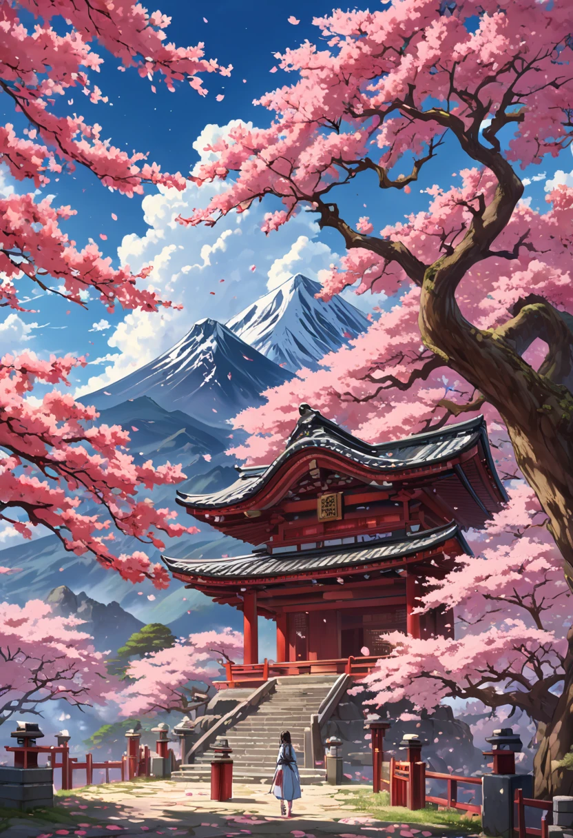 Sakura Maiden, girl, strray sky, huge old tree behind, falling glowing pink petals behind, shrine behind, mountain background, blowing wind, meteoric cloud, best quality, masterpiece, Representative work, official art, Professional, Ultra intricate detailed, 8k