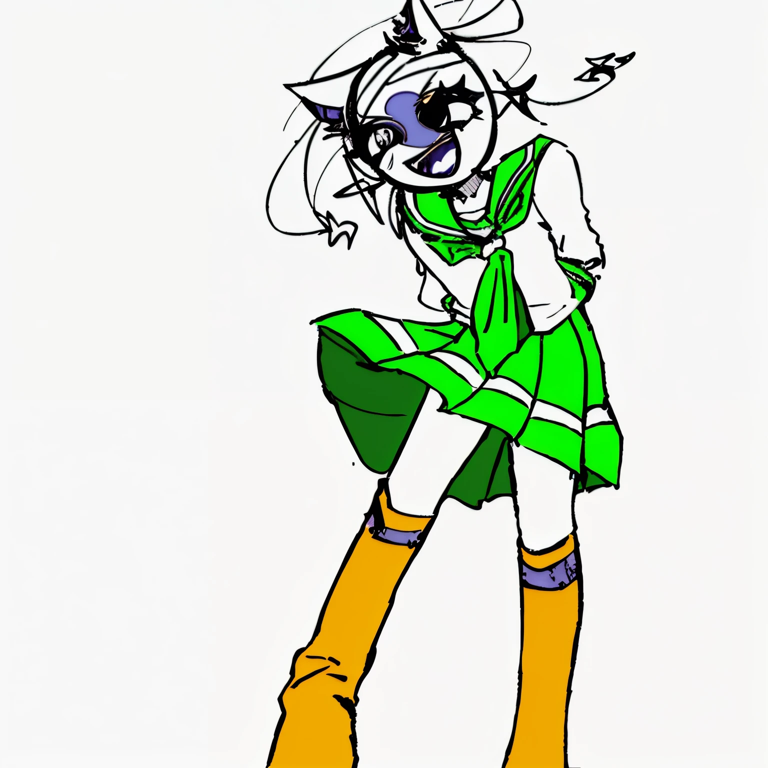 A woman wearing a green sailor uniform and orange boots in a manga-style illustration. The artwork is in 2D animation with cel shading, depicting a peculiar expressionistic pose. The woman is shown in a villainous stance, with colored line art. The image is of the highest quality and is in 2D art. The background is a white color and depicts an urban setting in the city with high-rise buildings and a narrow alleyway.