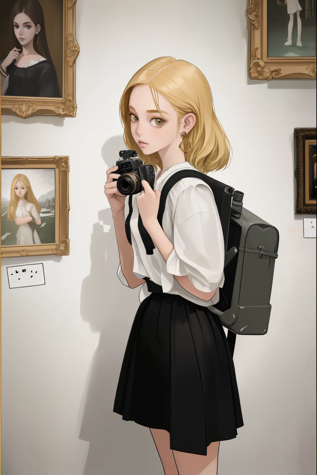 woman holding camera and backpack in front of wall with photos, in the art gallery, In the gallery, photo of a girl, art, Young girl, Girl with blonde hair, holds a backpack on his shoulder, holds the camera, looks at the viewer, in a white shirt, gold ring earrings in ears, background wall with paintings, Bright room