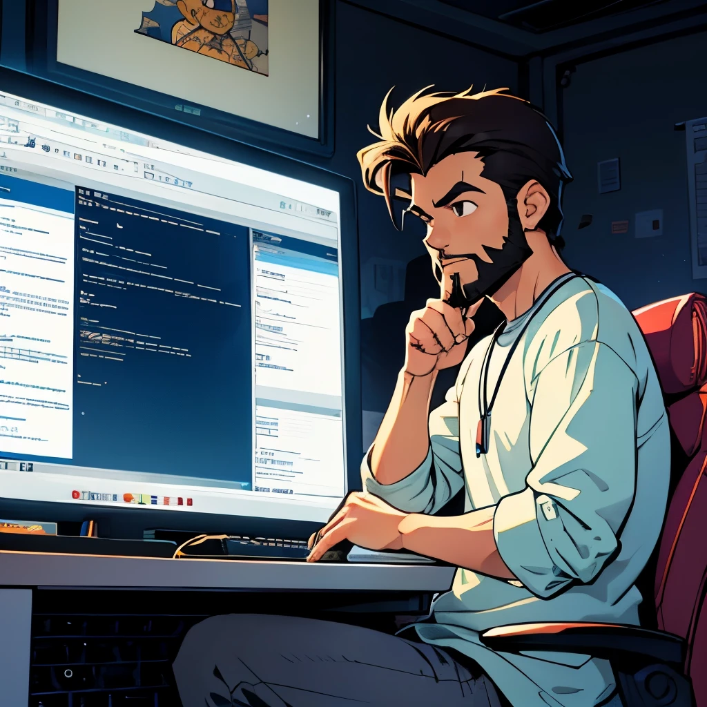 cartoon illustration of a man with a small beard programming in javascript on a computer in the 90s with a CRT monitor