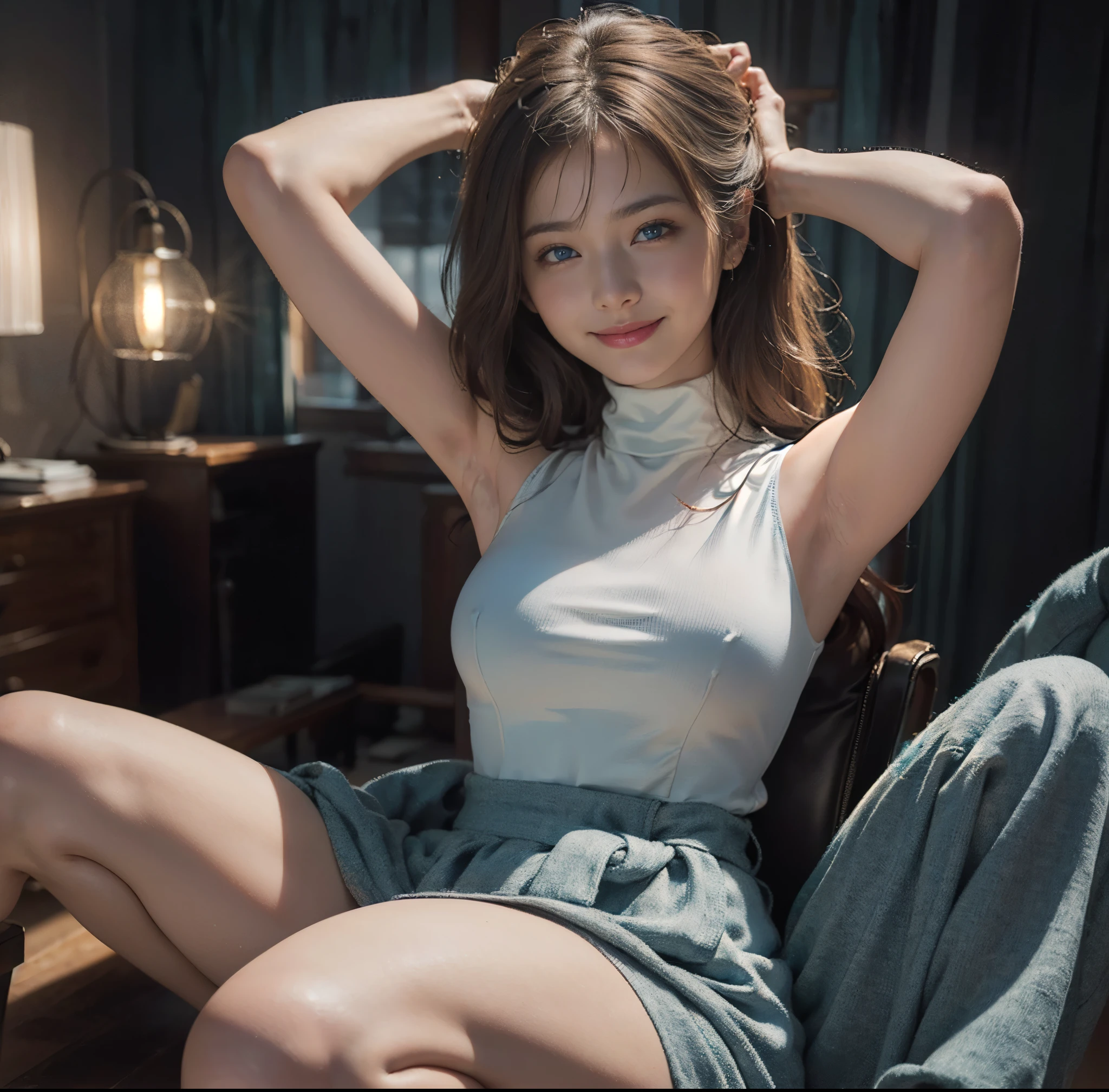 {highest quality}, {8K quality}, masterpiece, (Professional lighting without shadows), (1people's women:18-year-old:smile), (perfect body and firm chest:1.3:nipple), {radiant white skin}, {(Bright and beautiful blue eyes with plump tear bags reflect a lot of light....:1.2)}、 {{(She is wearing a bright colored sleeveless turtleneck micro mini dress.)}}, {{(raise your hand)}}, (Turn to me and show me your firm breasts through your clothes....:1.2), (from the knees up:1.3), (standing like a model),
