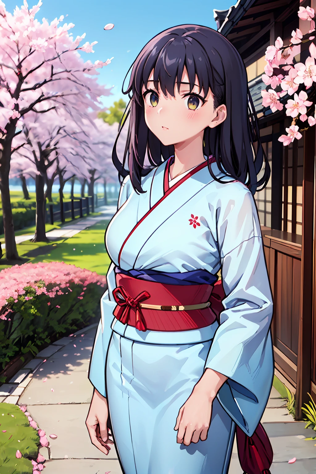 Generate a charming illustration capturing the essence of spring as a young girl dons a traditional kimono during cherry blossom season. Envision the scene with the girl standing beneath a canopy of blooming sakura trees, each delicate petal gently cascading around her. Choose a soft, pastel color palette to evoke the tender hues of cherry blossoms and the elegance of her kimono. Focus on the details of the traditional attire, highlighting the intricate patterns and vibrant colors. Use dappled sunlight filtering through the blossoms to create a serene atmosphere, imbuing the illustration with the beauty and tranquility of this cherished seasonal moment. This prompt invites the artist to blend cultural richness with the delicate beauty of nature, resulting in a visually captivating representation of springtime in Japan., BREAK, 1girl, solo, sakura matou, wearing a kimono, japanese outfit, high res, sharp focus, 8k ultra detailed,