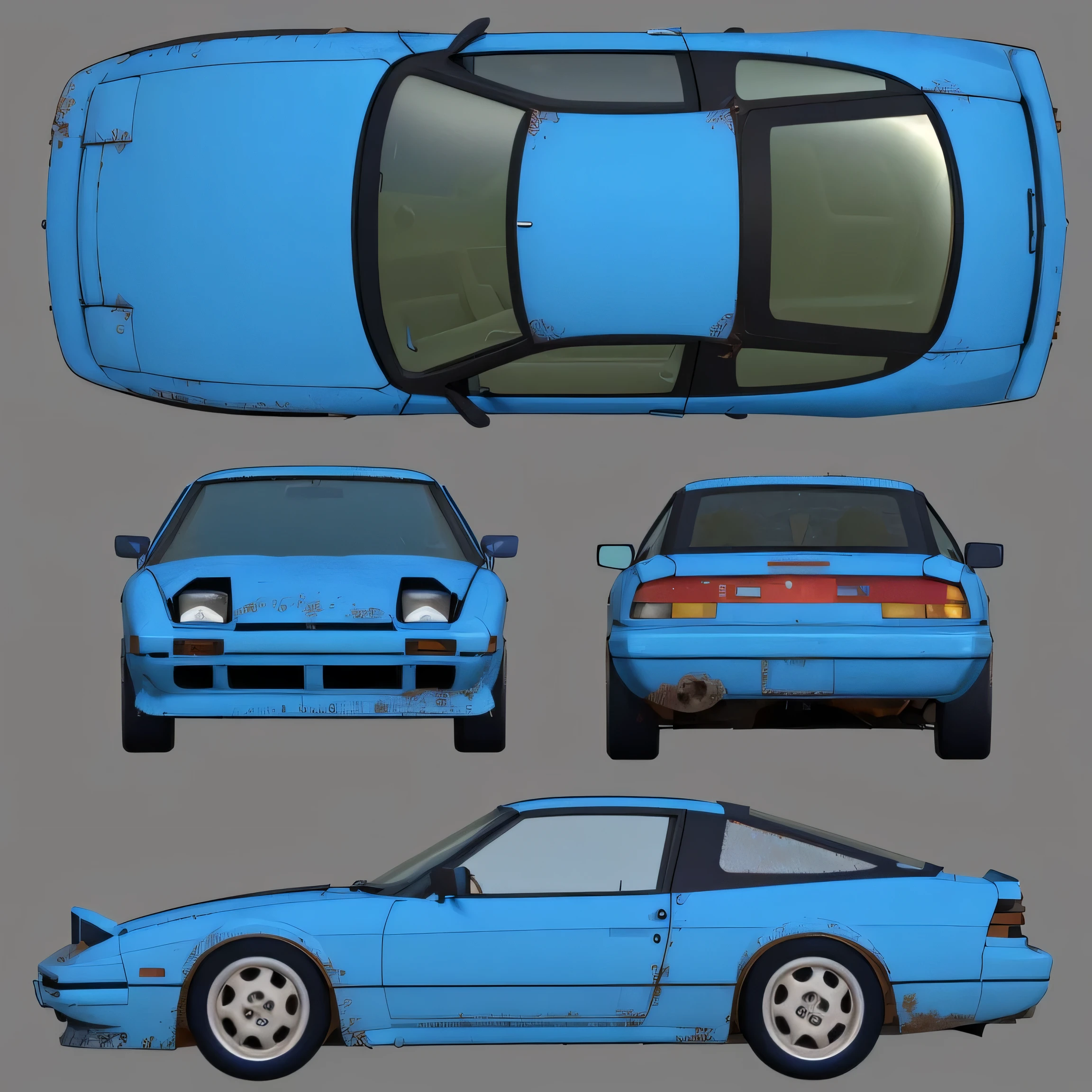 close-up of an old rusty car with four different views, blue 80s sports car., very detailed hyperrealistic retro, very detailed car, Realistic cars, 3D rendering n – 9, Blue realistic 3D rendering, Hyperrealistic, very detailed, very detailed, depicted as a 3D rendering, full view of sports car, high quality 3D realistic