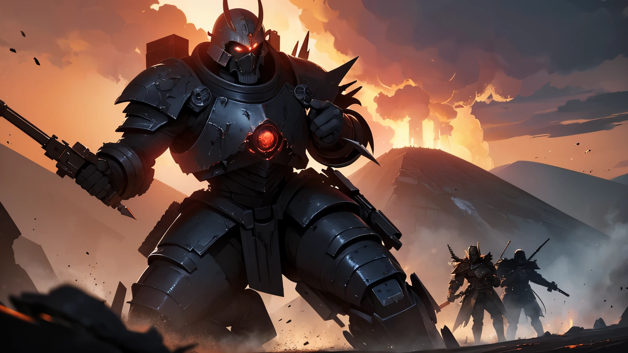 a brutal battle scene,dystopian future,a squad of heavily armored space marines,alien creatures,explosions and debris,flying bullets and laser beams,devastated landscapes,grim and dark atmosphere,war-torn cities,shadows and smoke,massive war machines,violent clashes and close combat,epic scale battles,metallic clangs and war cries,warrior monks of the Adeptus Astartes,skulls and insignias,crimson blood and battle scars,chaos and destruction,heroic sacrifices and brotherhood,burning skies and shattered moons,the Emperor's wrath,futuristic technology and ancient relics,the Warp and daemons,ominous and foreboding presence,unrelenting warfare and never-ending conflict,imposing warlords and otherworldly powers,galaxy-spanning empire and countless enemies,the fate of humanity hangs in the balance,the battle for the survival of the Imperium of Man. (best quality,ultra-detailed,realistic:1.37),dark and gritty aesthetics,muted and desaturated colors,harsh and dramatic lighting,war-torn textures and rugged landscapes.
