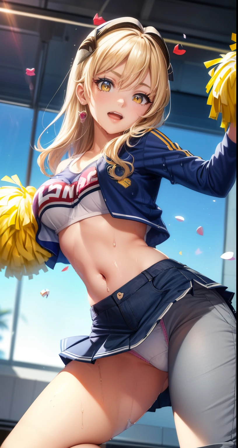 ram invader,super mini skirt、（white panties:1.3） detailed chest, anime dick, (Cheerleader: 1.2), （white pantiesー:1.4）,pieces fly, highest quality,bare legs、beautiful thighs、beautiful face、 open your mouth, teeth, ultra-detailed chest, yellow eyes, cute eyes, detailed face, pretty girl, big breasts, red face, (wet state: 1.2), overall small breasts, areola slip, (Where you can see your pants:1.5), (beautiful breasts: 1.2), (using a bright light source: 1.2), (Heart-shaped student opening clothes: 1.5)