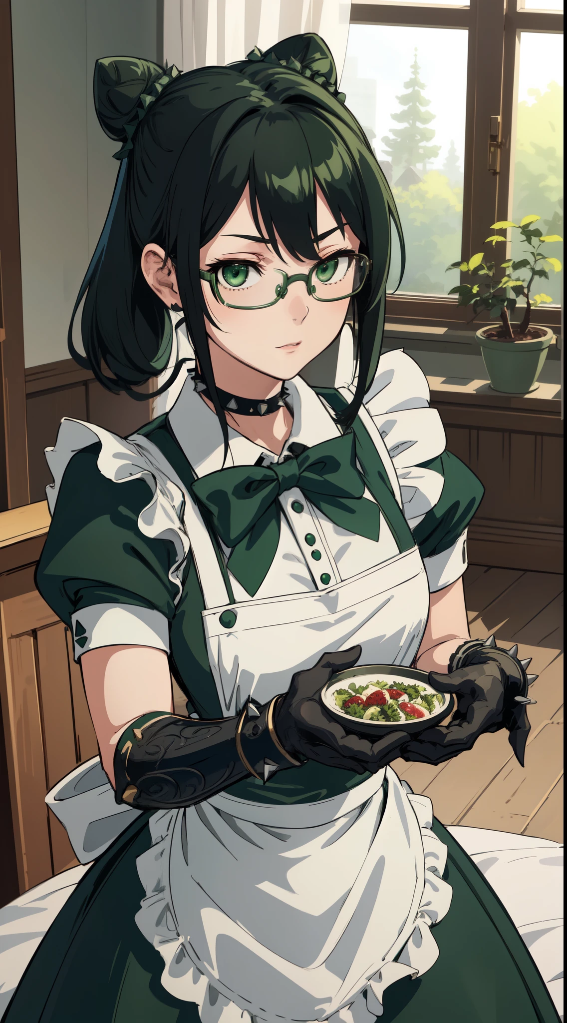 highres, sharp focus, pixiv masterpiece, ((intricate details)), highly detailed, yuri alpha, 1girl, black hair, (green wristband, green gauntlets, spikes,:1.1) glasses, green eyes, maid, single hair bun, dress, choker, bowtie, maid apron,