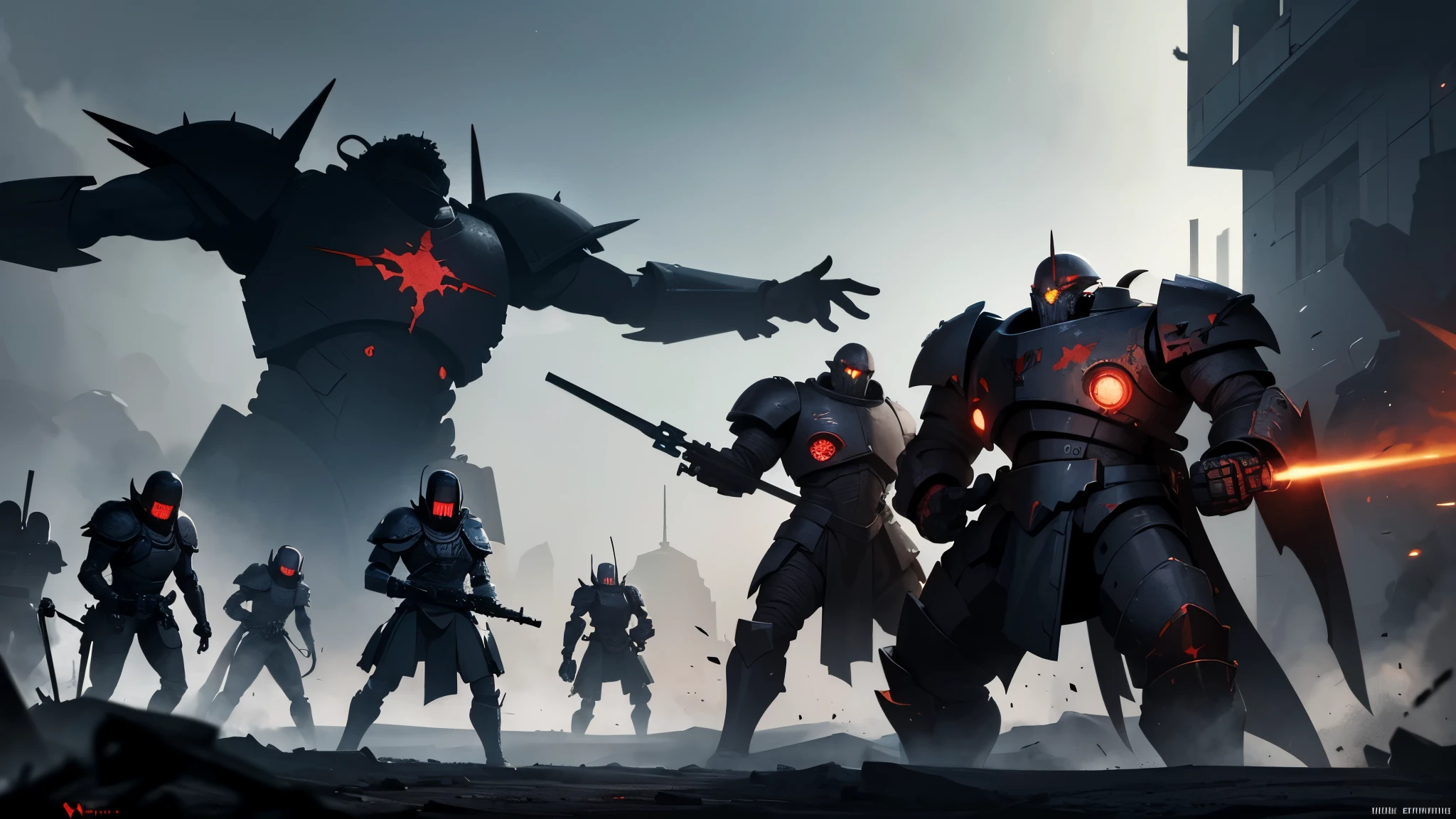 a brutal battle scene,dystopian future,a squad of heavily armored space marines,alien creatures,explosions and debris,flying bullets and laser beams,devastated landscapes,grim and dark atmosphere,war-torn cities,shadows and smoke,massive war machines,violent clashes and close combat,epic scale battles,metallic clangs and war cries,warrior monks of the Adeptus Astartes,skulls and insignias,crimson blood and battle scars,chaos and destruction,heroic sacrifices and brotherhood,burning skies and shattered moons,the Emperor's wrath,futuristic technology and ancient relics,the Warp and daemons,ominous and foreboding presence,unrelenting warfare and never-ending conflict,imposing warlords and otherworldly powers,galaxy-spanning empire and countless enemies,the fate of humanity hangs in the balance,the battle for the survival of the Imperium of Man. (best quality,ultra-detailed,realistic:1.37),dark and gritty aesthetics,muted and desaturated colors,harsh and dramatic lighting,war-torn textures and rugged landscapes.