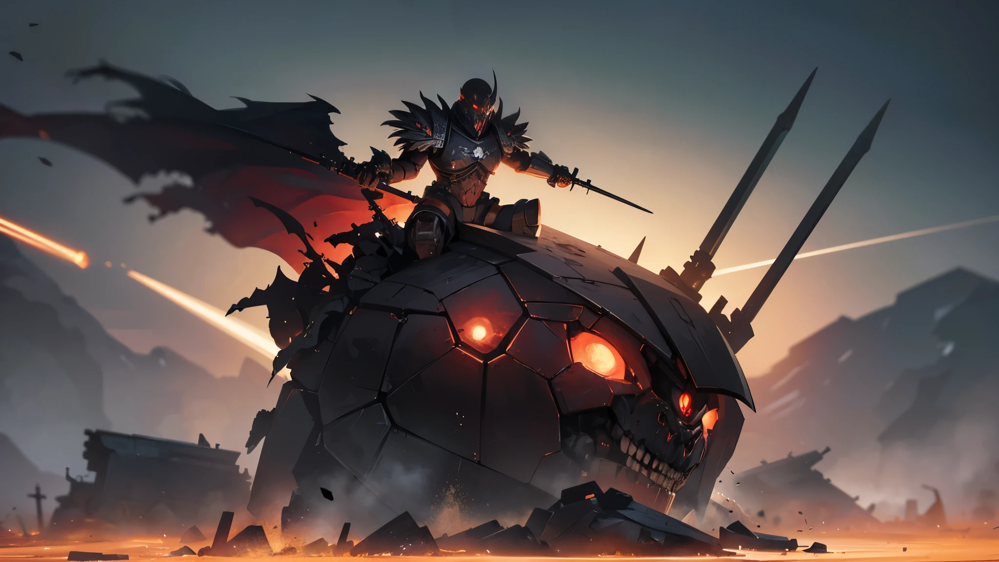 a brutal battle scene,dystopian future,a squad of heavily armored space marines,alien creatures,explosions and debris,flying bullets and laser beams,devastated landscapes,grim and dark atmosphere,war-torn cities,shadows and smoke,massive war machines,violent clashes and close combat,epic scale battles,metallic clangs and war cries,warrior monks of the Adeptus Astartes,skulls and insignias,crimson blood and battle scars,chaos and destruction,heroic sacrifices and brotherhood,burning skies and shattered moons,the Emperor's wrath,futuristic technology and ancient relics,the Warp and daemons,ominous and foreboding presence,unrelenting warfare and never-ending conflict,imposing warlords and otherworldly powers,galaxy-spanning empire and countless enemies,the fate of humanity hangs in the balance,the battle for the survival of the Imperium of Man. (best quality,ultra-detailed,realistic:1.37),dark and gritty aesthetics,muted and desaturated colors,harsh and dramatic lighting,war-torn textures and rugged landscapes.