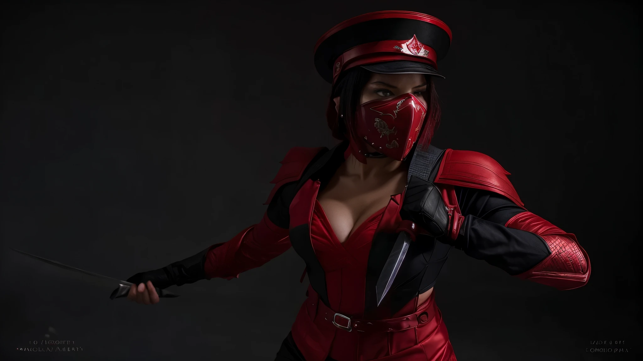 woman in a red and black suit with a sword, character from mortal kombat, lady in red armor, cgssociety inspired, Woman Rouge Killer, red uniform, Mortal Kombat 11, raspberry themed, in mortal combat, crimson attire, red and black suit!!!, cosplay photo,