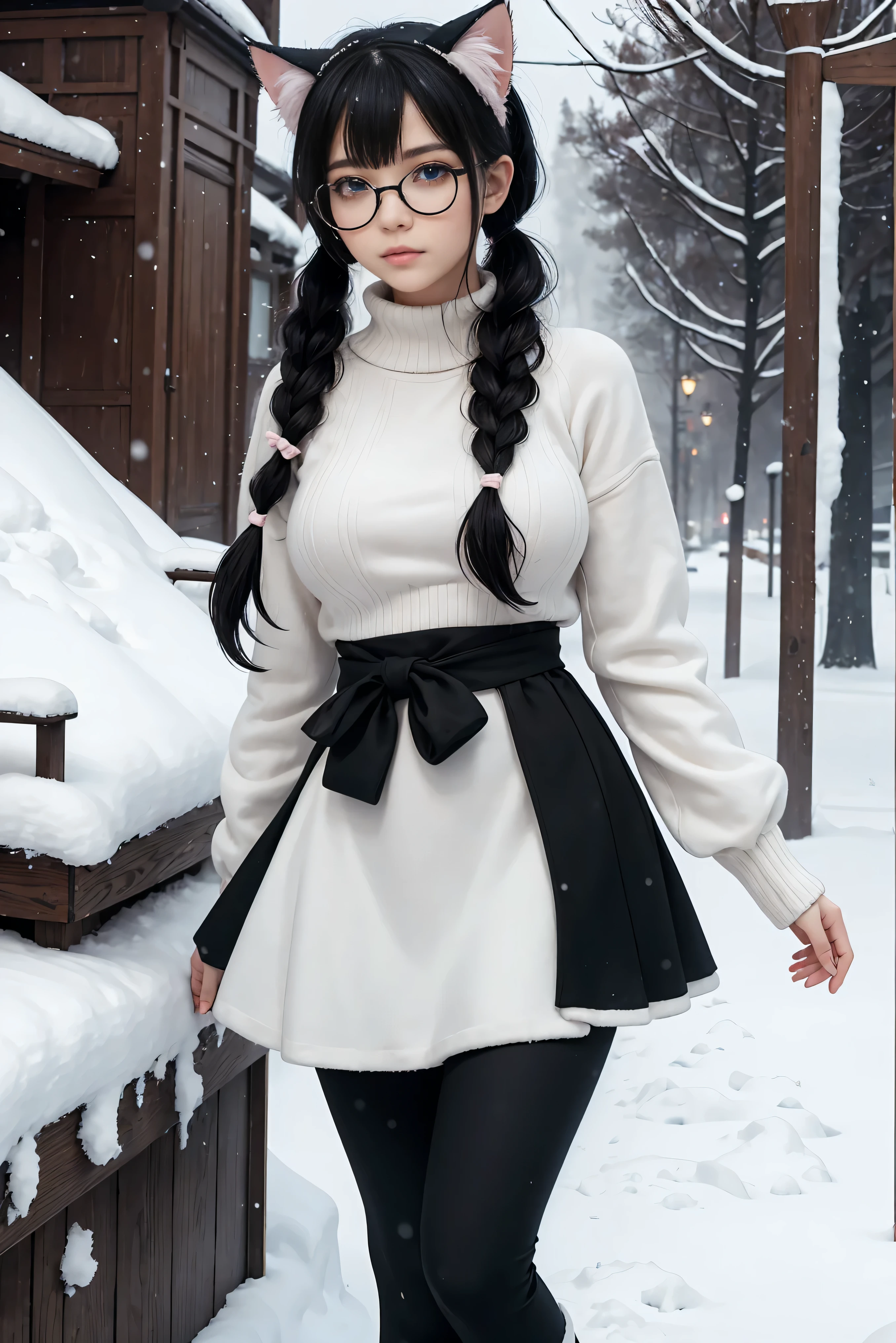 (Best Quality,High resolution:1.2), Ultra-detailed, Realistic portrait, hot Russian girl, pretty face, perfect long legs, full body, tiny waist. large breasts, standing, tight white cropped jumper, black high waist leggings, pink and white snow boots, in the snow, large blue eyes, long black hair tied up with a ribbon, pigtails, tight high waist skirt, woolen socks, hair bangs, snowing, foggy, (large round black rimmed glasses), cat ears