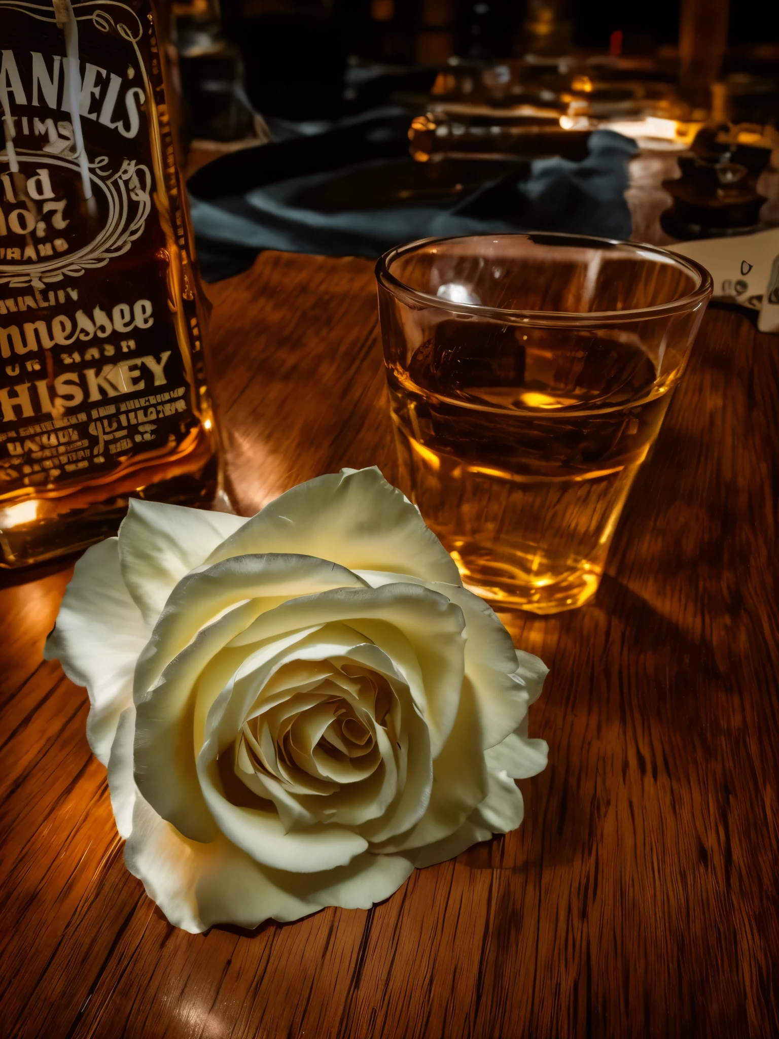 there is a bottle of whiskey and a glass on a table, A white rose, candle is lit, Les Paul 6 string electric guitar, fine detail on neck of guitar, inspired by Jack Smith, badass composition, saturday night in a saloon, shot with sony alpha 1 camera, shot with a canon 20mm lens, inspired by William Harnett, whiskey, shot on canon eos r5, shot on canon eos r 5, evening ambience, on wooden table