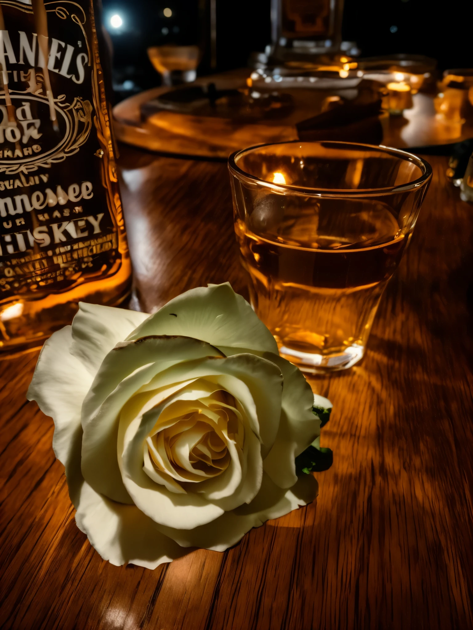 there is a bottle of whiskey and a glass on a table, A white rose, candle is lit, Les Paul 6 string electric guitar, fine detail on neck of guitar, inspired by Jack Smith, badass composition, saturday night in a saloon, shot with sony alpha 1 camera, shot with a canon 20mm lens, inspired by William Harnett, whiskey, shot on canon eos r5, shot on canon eos r 5, evening ambience, on wooden table