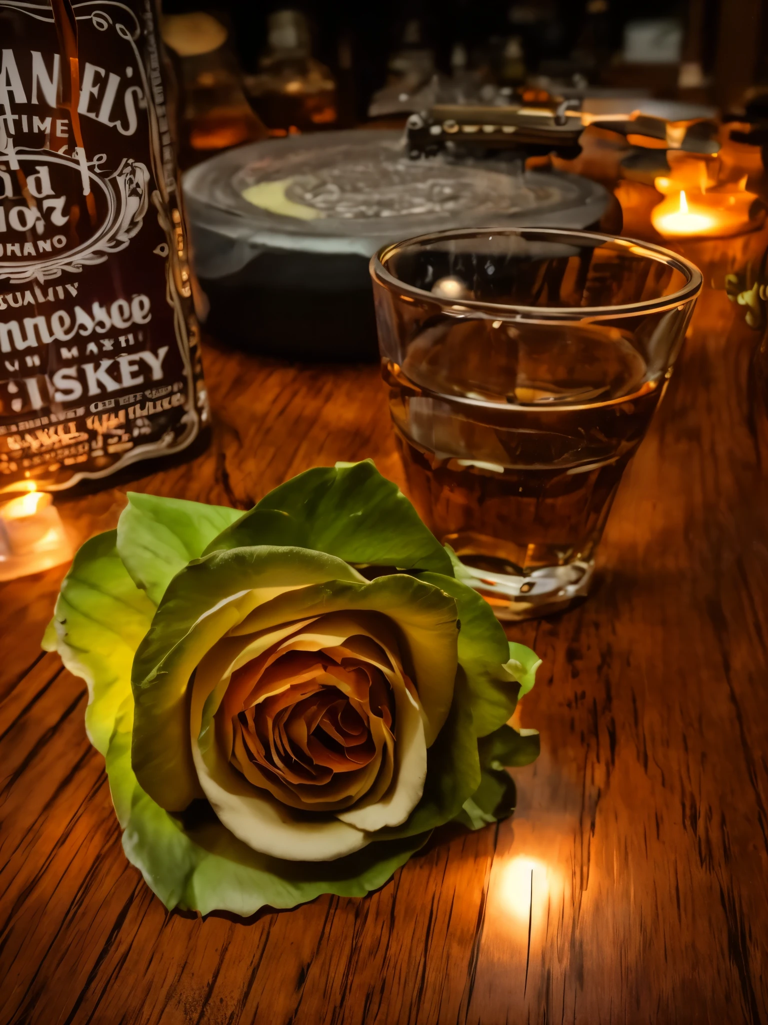 there is a bottle of whiskey and a glass on a table, A white rose, candle is lit, Les Paul 6 string electric guitar, fine detail on neck of guitar, inspired by Jack Smith, badass composition, saturday night in a saloon, shot with sony alpha 1 camera, shot with a canon 20mm lens, inspired by William Harnett, whiskey, shot on canon eos r5, shot on canon eos r 5, evening ambience, on wooden table