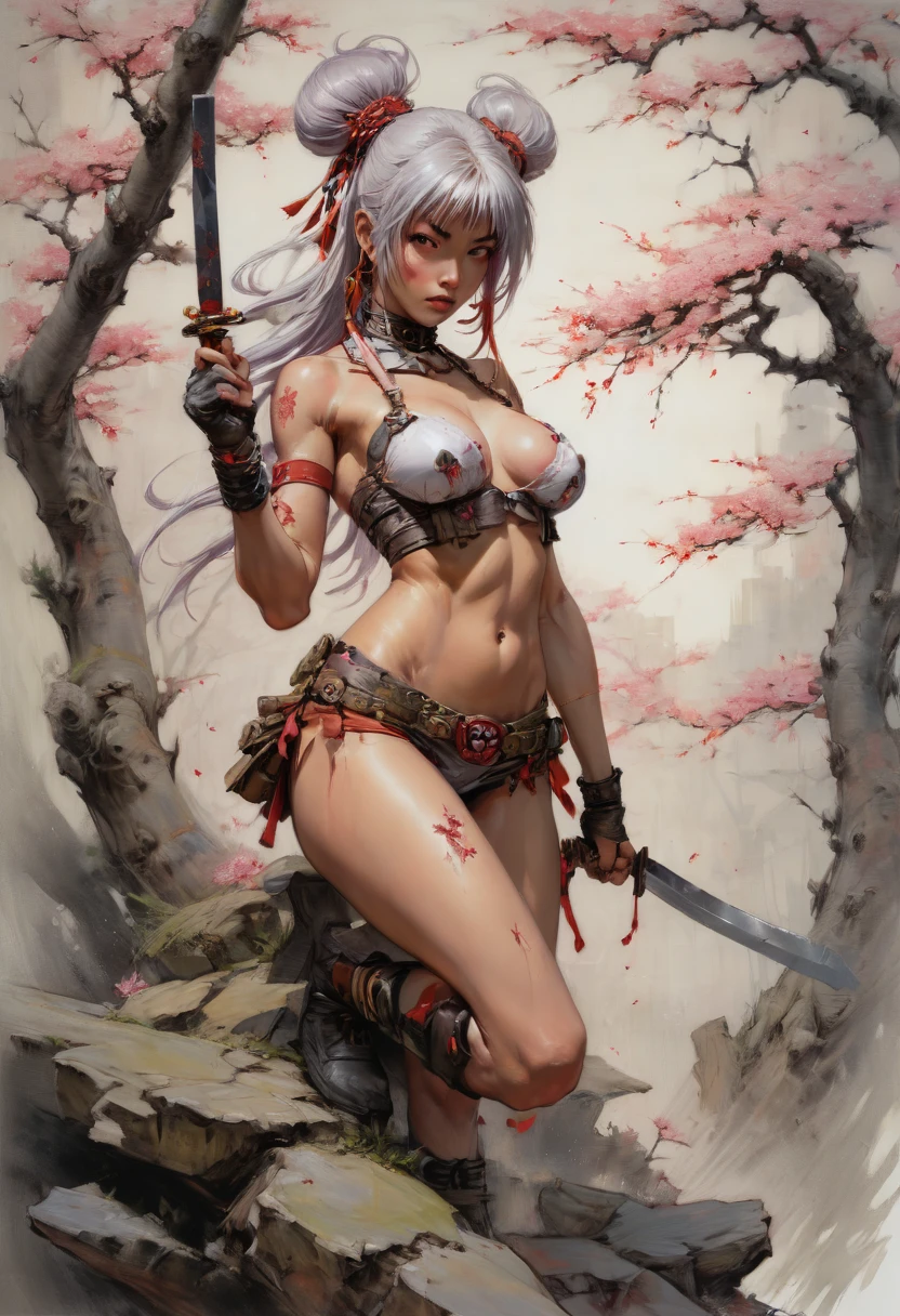 Sakura Maiden, girl, by Simon Bisley, urban savage style, best quality, masterpiece, Representative work, official art, Professional, Ultra intricate detailed, 8k