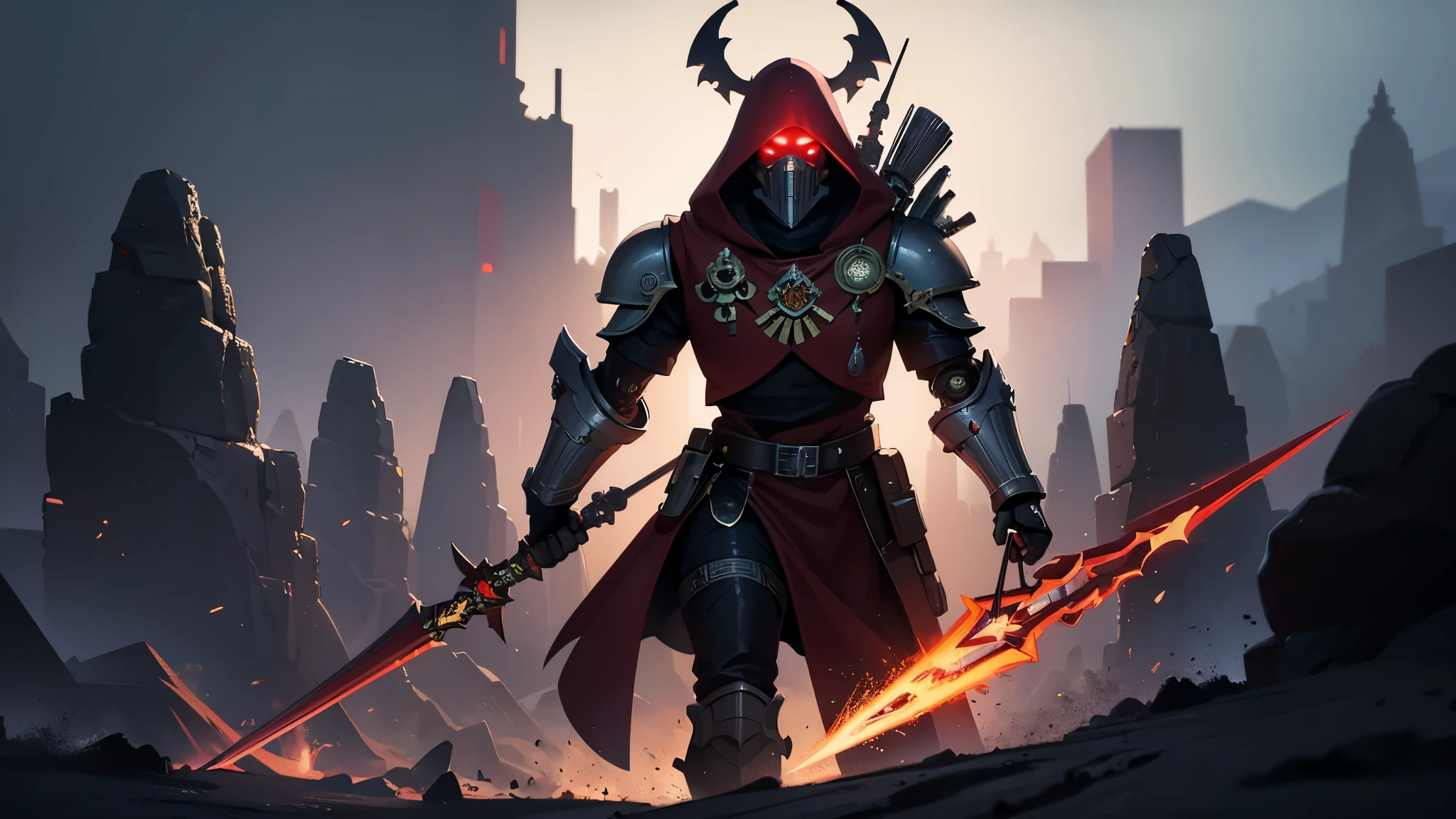 (best quality,4k,8k,highres,masterpiece:1.2),ultra-detailed,realistic, Warhammer 40k, Techpriest, Red Robe, Techpriest holding a Halberd in hand, 2 additional robotic arms (with plasma pistols), industrial background, cybernetic enhancements, glowing eyes, intricate mechanical details, ancient symbols, dark and grim atmosphere, sci-fi art style, vibrant colors, dramatic lighting.