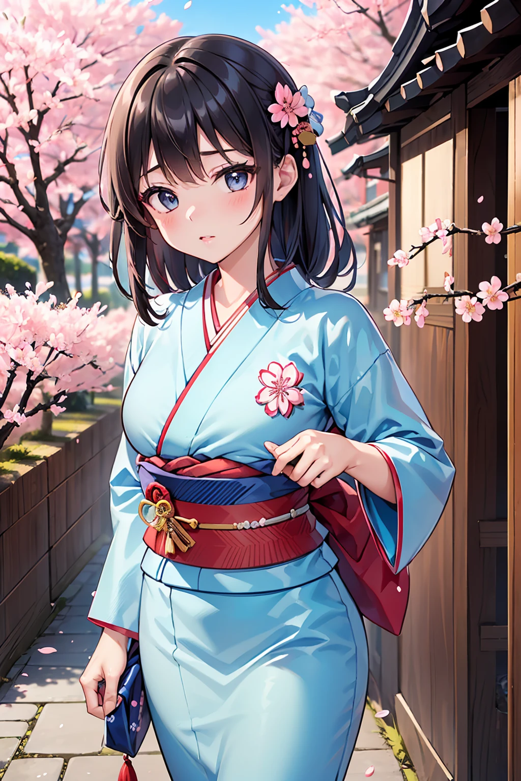 Generate a captivating illustration set beneath the branches of a 500-year-old cherry blossom tree, where petals gently dance in the air. Picture a young girl gracefully tying a traditional kimono sash (known as "obi") under the blooming sakura. Capture the scene with a serene ambiance, emphasizing the timeless beauty of the ancient tree and the ephemeral nature of the falling petals. Utilize a rich color palette, accentuating the vibrancy of both the sakura blossoms and the girl's kimono. Focus on intricate details, such as the texture of the kimono fabric and the delicate movements of the falling petals. Infuse the illustration with a sense of tranquility and reverence, creating a visual narrative that pays homage to the enduring beauty of nature and the cultural significance of cherry blossoms., BREAK, 1girl, solo, sakura matou, wearing a kimono, japanese outfit, high res, sharp focus, 8k ultra detailed,