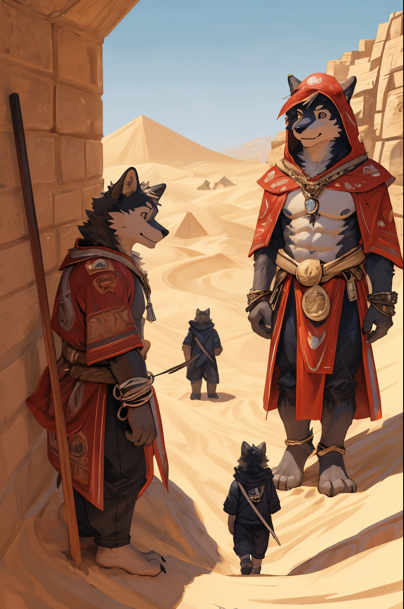 top quality, best quality, High-quality illustrations, masterpiece, super high resolution, detailed background, detailed background, desert, sand dunes, pyramid, Traditional costumes, group shot:0.2, 6+boys, 6+girls, Happy, joyful, absurdres(highly detailed beautiful face and eyes)perfect anatomy(kemono, furry anthro)selfie:0.1,