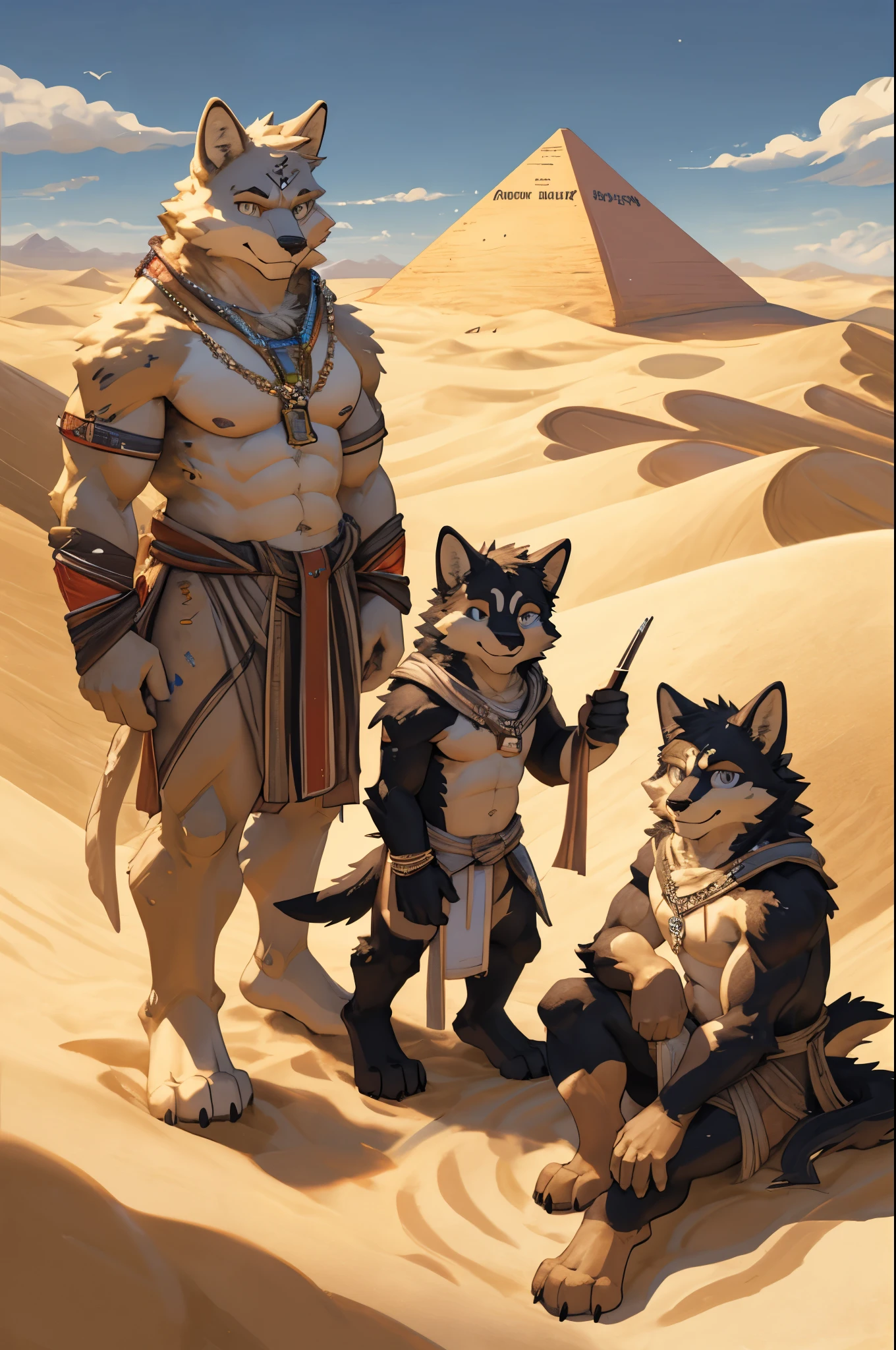 top quality, best quality, High-quality illustrations, masterpiece, super high resolution, detailed background, detailed background, desert, sand dunes, pyramid, Traditional costumes, group shot:0.2, 6+boys, 6+girls, Happy, joyful, absurdres(highly detailed beautiful face and eyes)perfect anatomy(kemono, furry anthro)selfie:0.1,