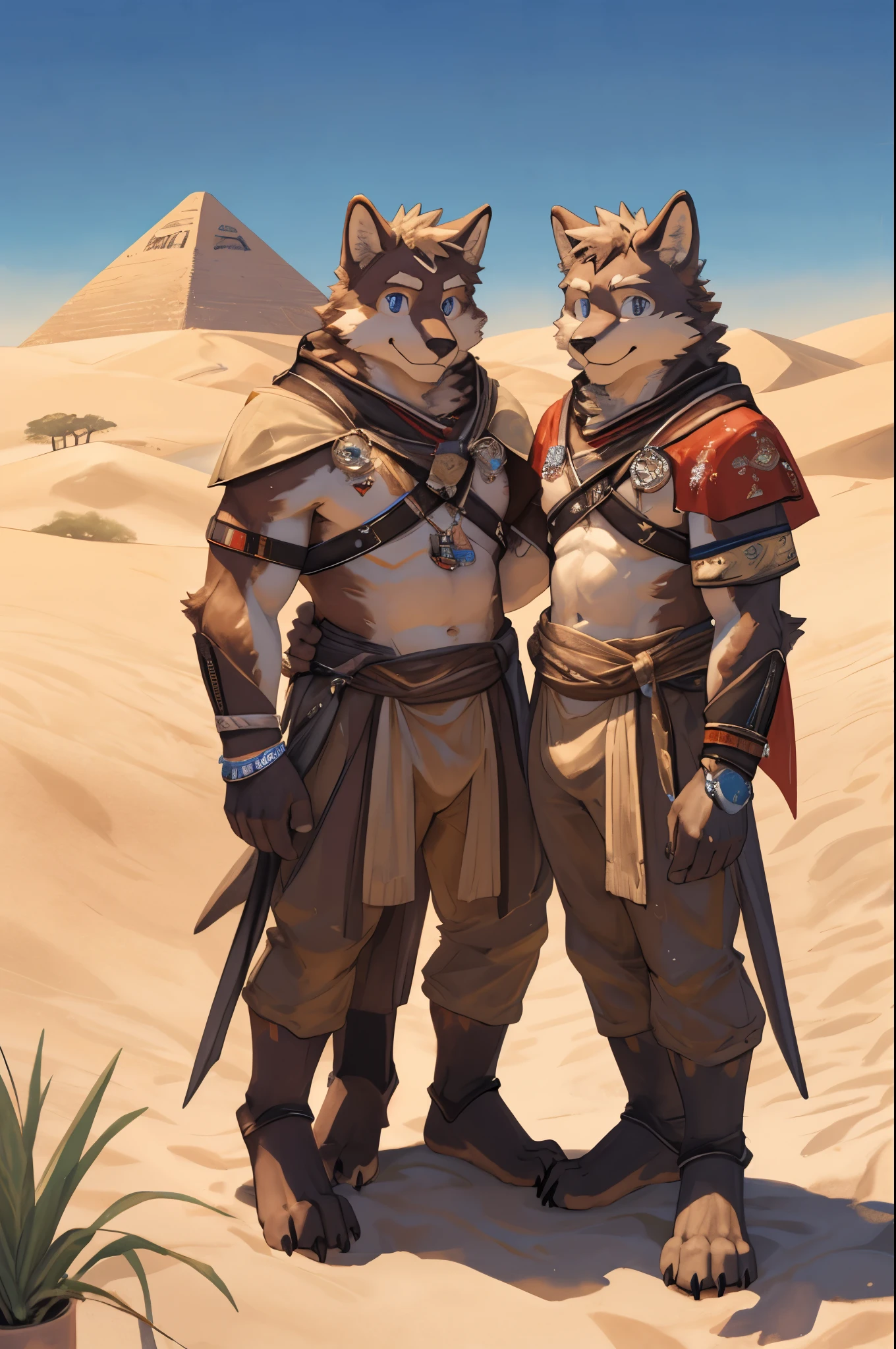 top quality, best quality, High-quality illustrations, masterpiece, super high resolution, detailed background, detailed background, desert, sand dunes, pyramid, Traditional costumes, group shot:0.2, 6+boys, 6+girls, Happy, joyful, absurdres(highly detailed beautiful face and eyes)perfect anatomy(kemono, furry anthro)selfie:0.1,