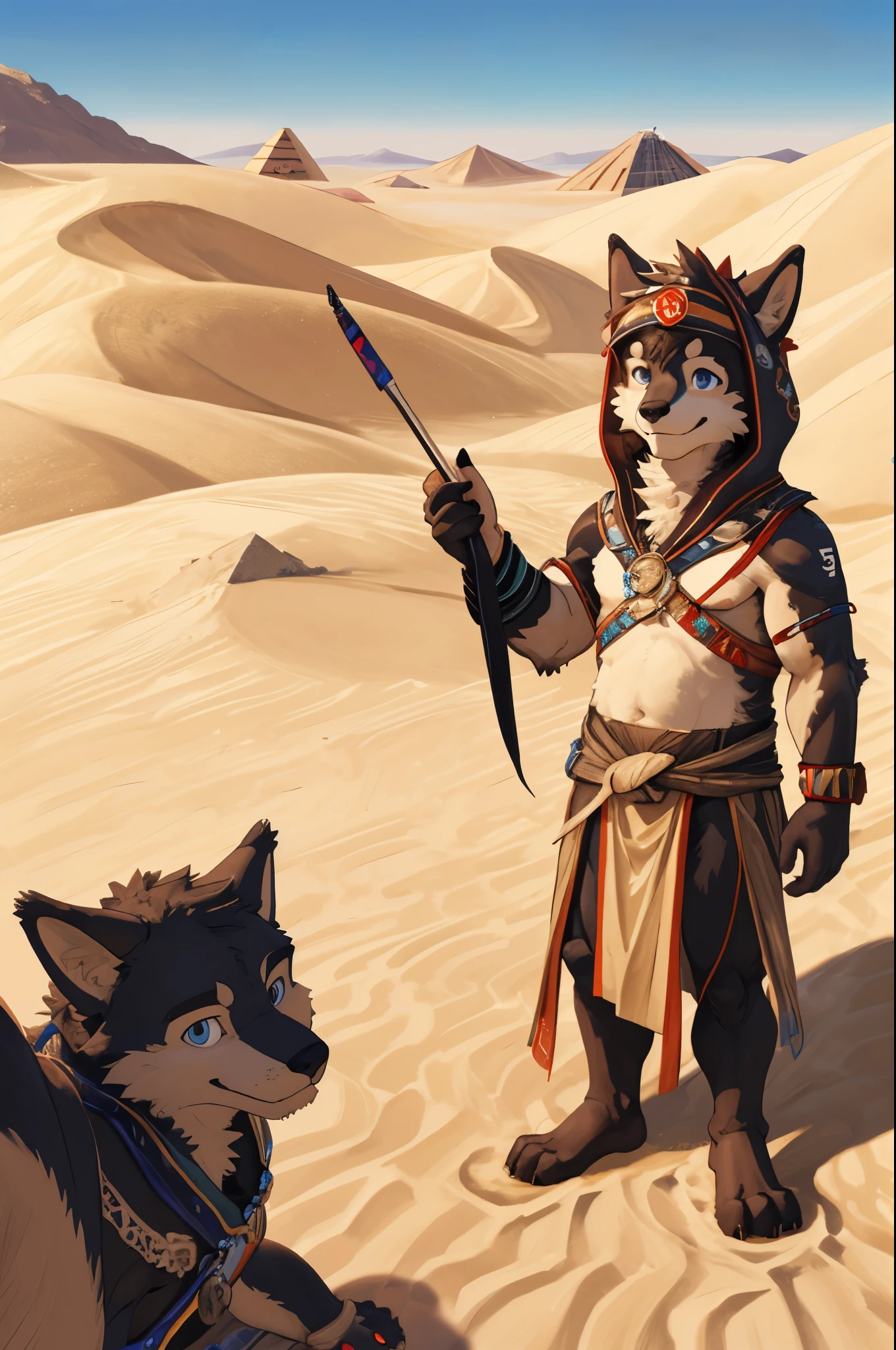 top quality, best quality, High-quality illustrations, masterpiece, super high resolution, detailed background, detailed background, desert, sand dunes, pyramid, Traditional costumes, group shot:0.2, 6+boys, 6+girls, Happy, joyful, absurdres(highly detailed beautiful face and eyes)perfect anatomy(kemono, furry anthro)selfie:0.1,