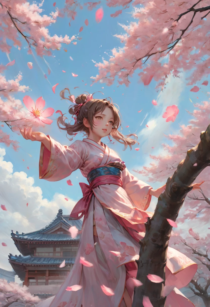 Sakura Maiden, girl, strray sky, falling glowing pink petals behind, blowing wind, best quality, masterpiece, Representative work, official art, Professional, Ultra intricate detailed, 8k