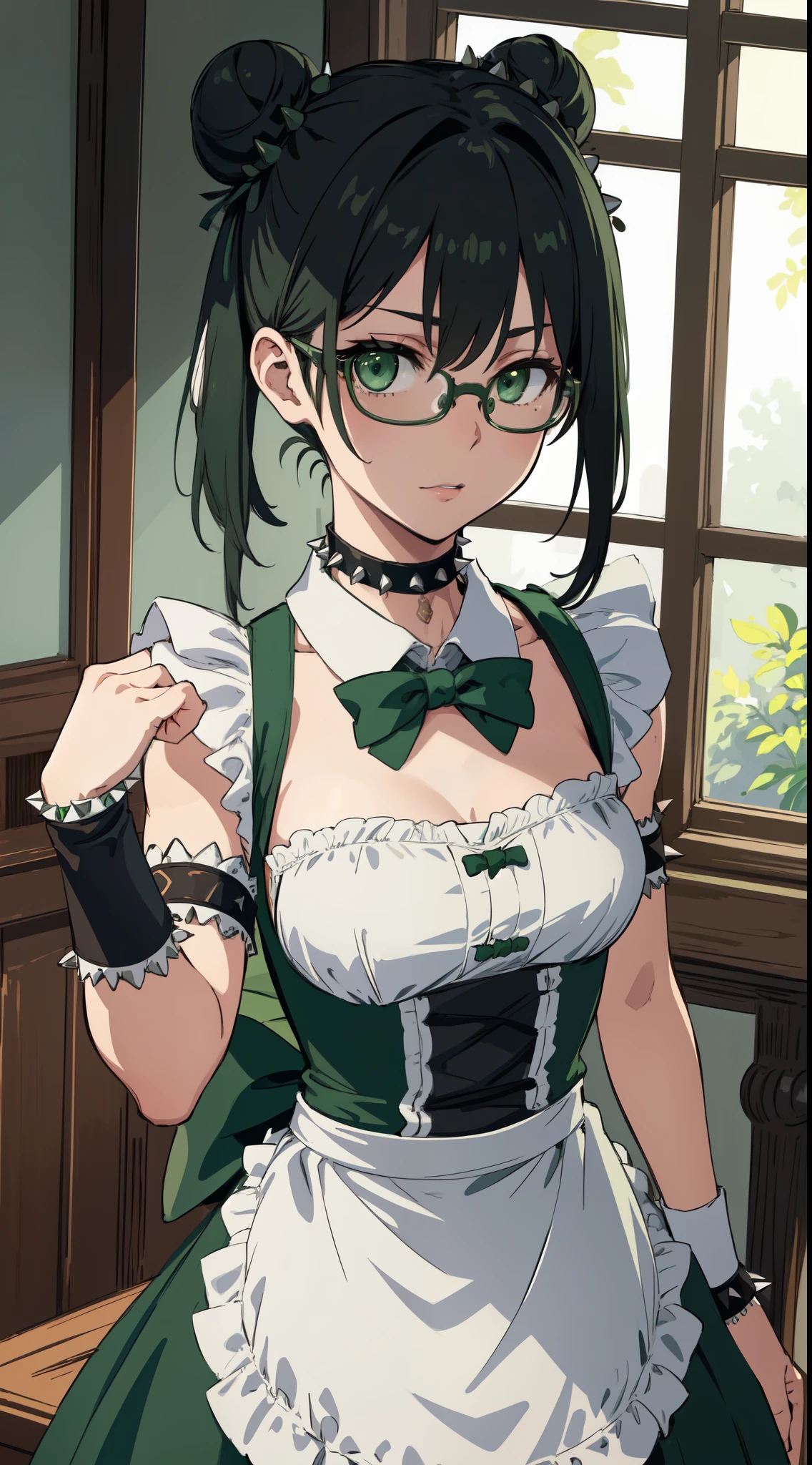 highres, sharp focus, pixiv masterpiece, ((intricate details)), highly detailed, yuri alpha, 1girl, black hair, (green wristband, green gauntlets, spikes,:1.1) glasses, green eyes, maid, single hair bun, dress, choker, bowtie, maid apron,