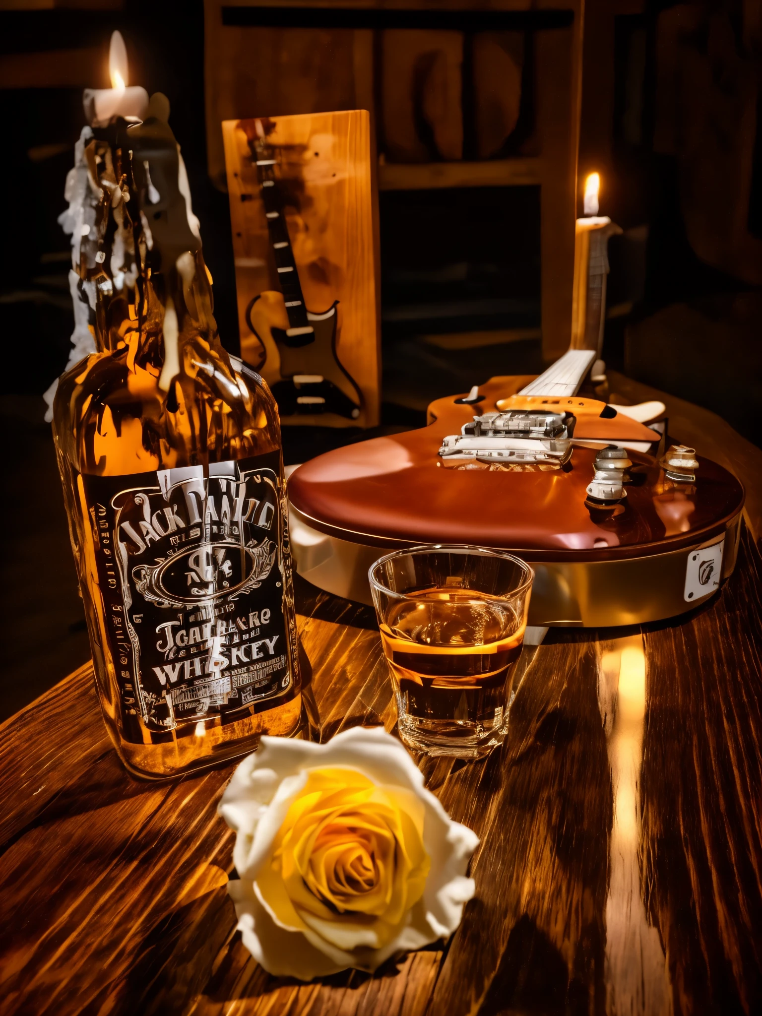 there is a bottle of whiskey and a glass on a table, A white rose, candle is lit, Les Paul 6 string electric guitar, fine detail on neck of guitar, inspired by Jack Smith, badass composition, saturday night in a saloon, shot with sony alpha 1 camera, shot with a canon 20mm lens, inspired by William Harnett, whiskey, shot on canon eos r5, shot on canon eos r 5, evening ambience, on wooden table