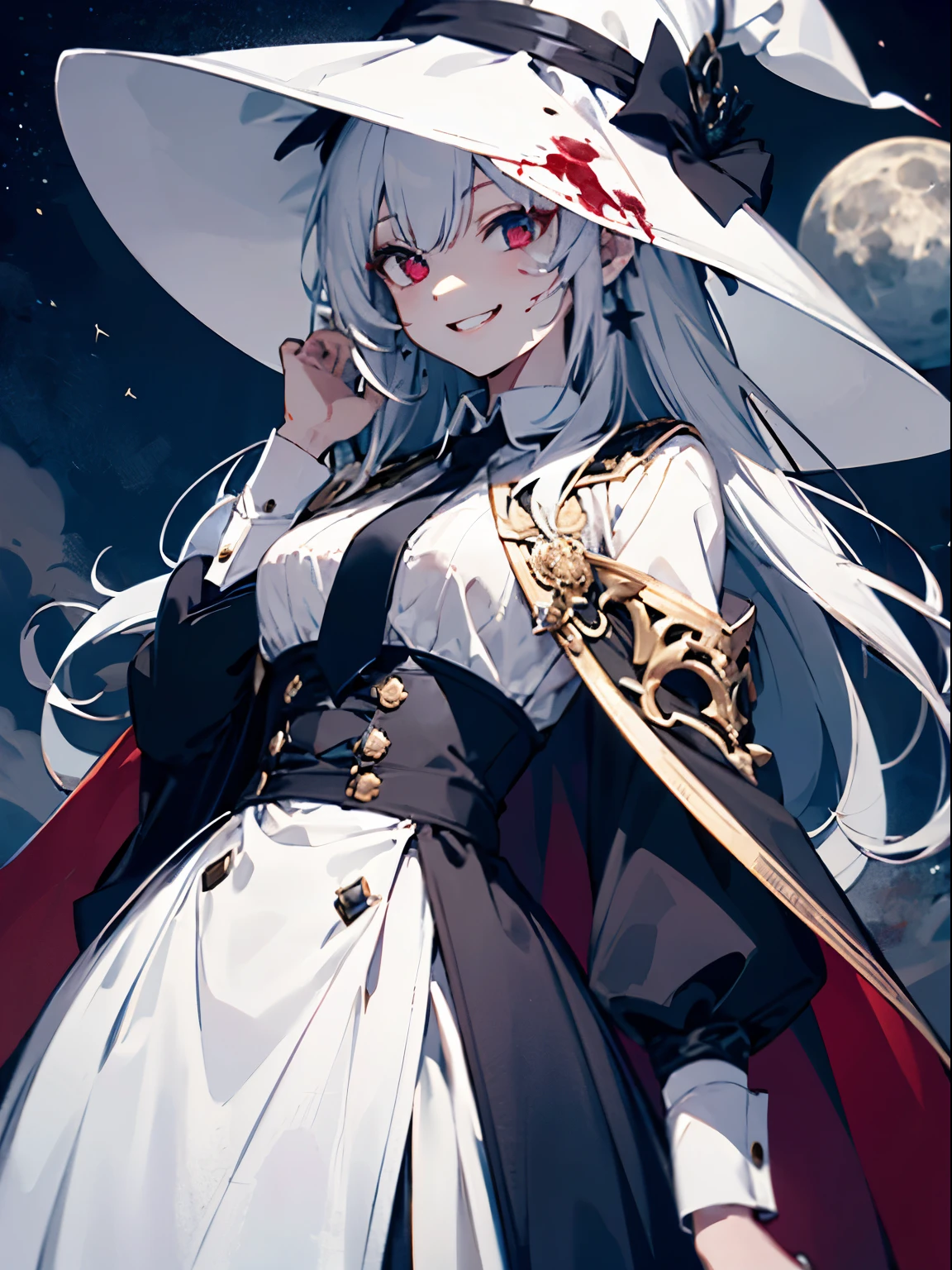 young girl、human、A magician who always smiles、large witch hat 、cute、long white hair、Red eyes and glazed eyes、Bangs are heavy、Thin eyebrows、lowered eyebrows、fantasy、intake、double teeth、star motif、Seiza motif、monochrome clotheetal look decoration、cape、A little dark atmosphere、a little crazy smile、Outside at night when the moon shines、blood return、black star hair ornament、short tie、No nails、high waist skirt、flared sleeves、long sleeve shirt、black tie